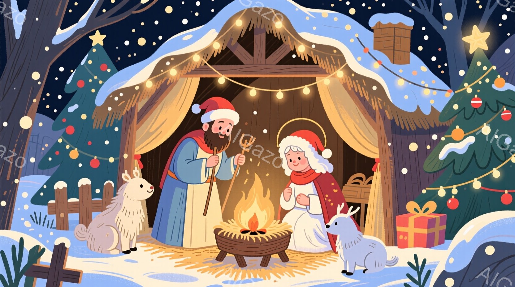 雪景色の中、暖炉の前で一対の夫婦が描かれています。男性は髭を生やし、赤いサンタ帽をかぶり、木製の棒で暖炉の火をかき回しています。女性は白いドレスと赤いコートを着て、膝に何かを抱え、穏やかな表情を浮かべています。