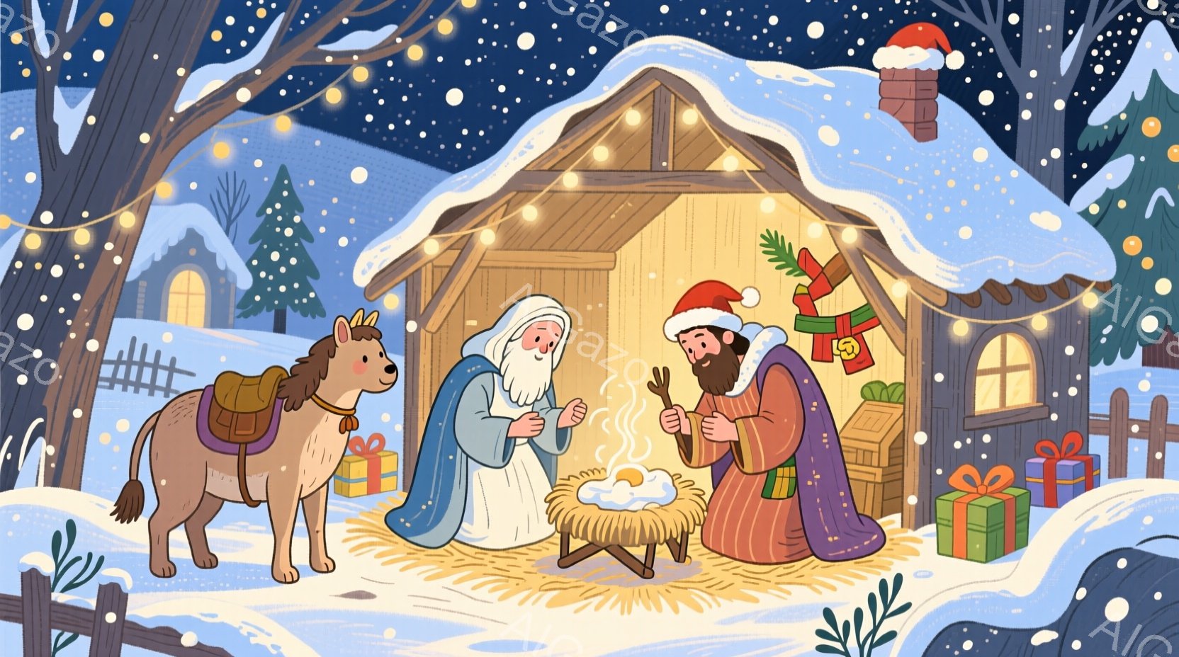 雪景色の中に、藁葺き屋根の小屋が描かれています。白いひげを生やした老人は青いローブをまとい、赤い帽子をかぶった男性とともに、藁でできたベッドの周りに座り、手を合わせ祈っているようです。背景には、雪で覆われた木々や家々、そして夜空に輝く星々が描かれ、温かく穏やかなクリスマスの雰囲気を醸し出しています。