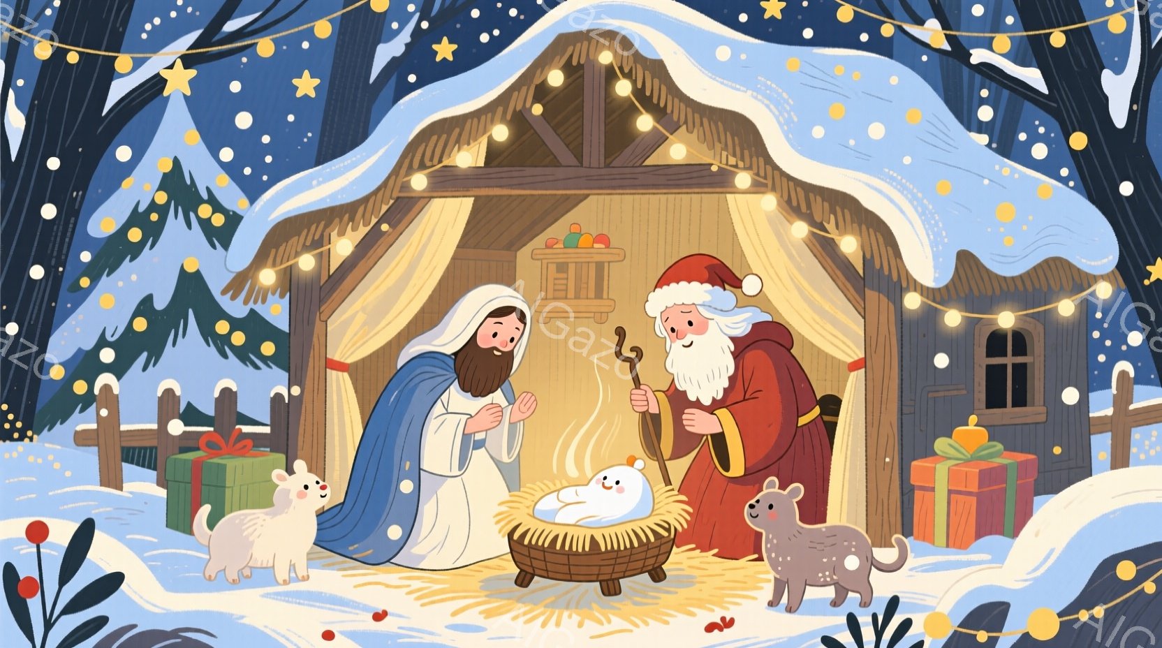 藁で作られたゆりかごの中に赤ちゃんが眠っており、青いローブをまとった女性と赤い衣装のサンタクロースがそれを見守っています。背景には木造の小屋があり、雪が降り積もり、プレゼントの箱と動物たちが小屋の周り - AI生成フリー素材