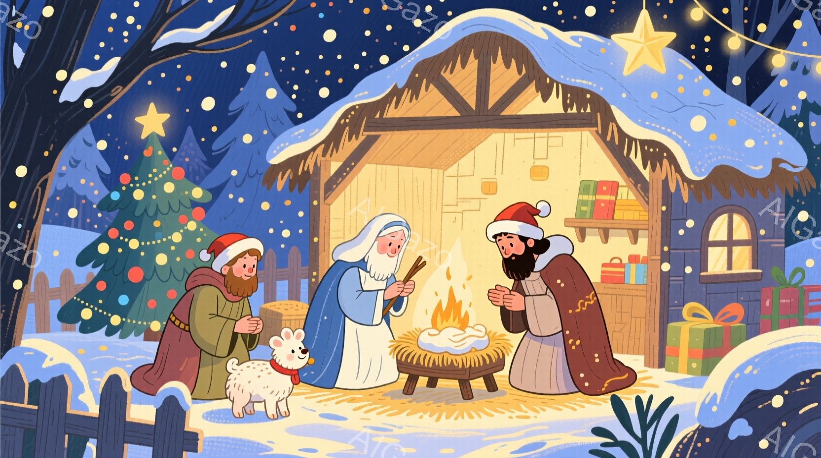 暖かい光に包まれた聖家族のシーンが描かれています。マリアは青いベールをかぶり、幼子を抱き、穏やかな表情をしています。ヨセフと一人の少年は赤い帽子をかぶり、火のそばで暖を取りながら幼子を見守り、雪が舞う背景にはクリスマスツリーとプレゼントが積まれた小屋が描かれ、全体的に温かく、平和なクリスマスの雰囲気が漂っています。