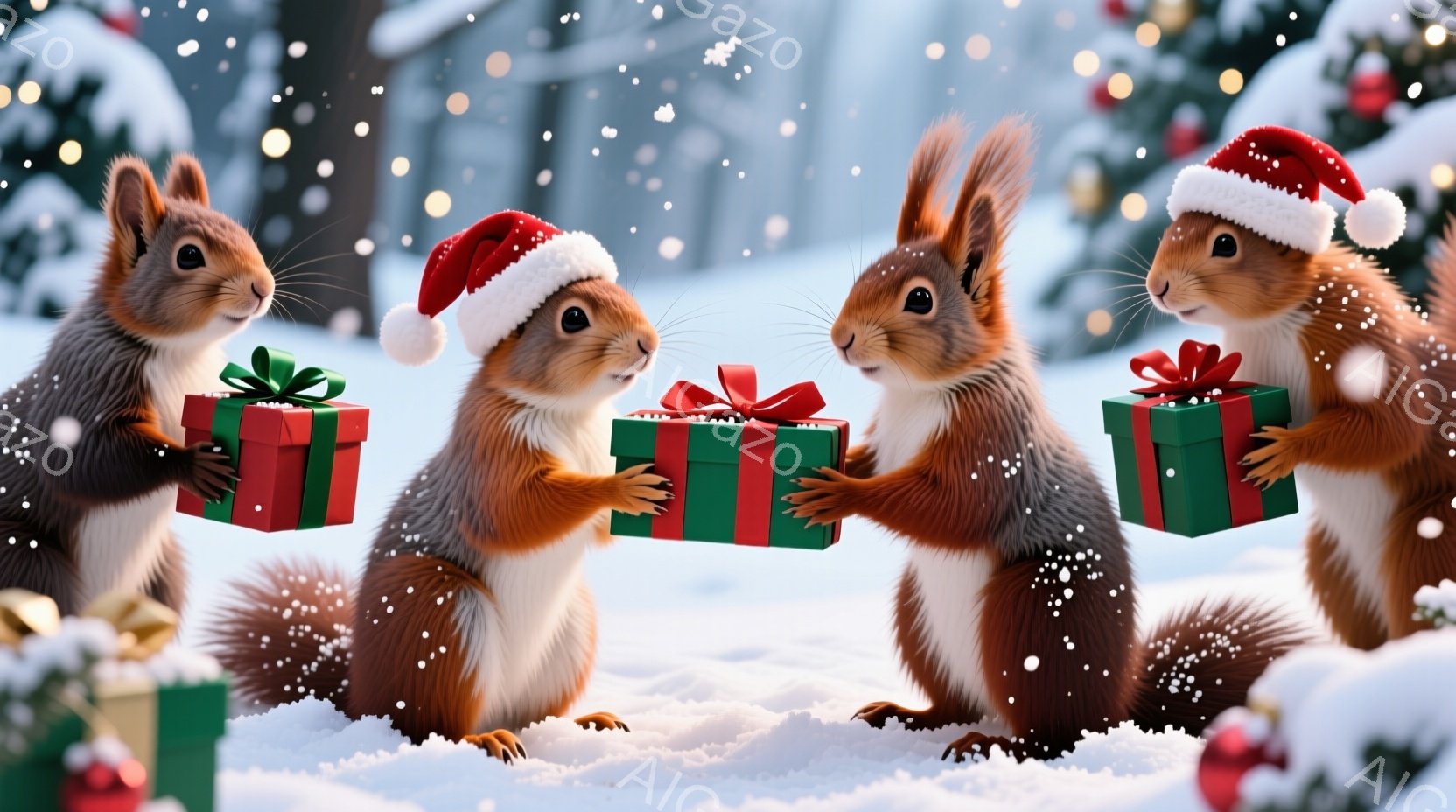 クリスマスの帽子をかぶった3匹のリスが雪の中に並んで立っています。それぞれが手に緑または赤のリボンで結ばれたプレゼントの箱を持っており、可愛らしい表情をしています。背景にはぼやけた雪景色と、クリスマス - AI生成フリー素材