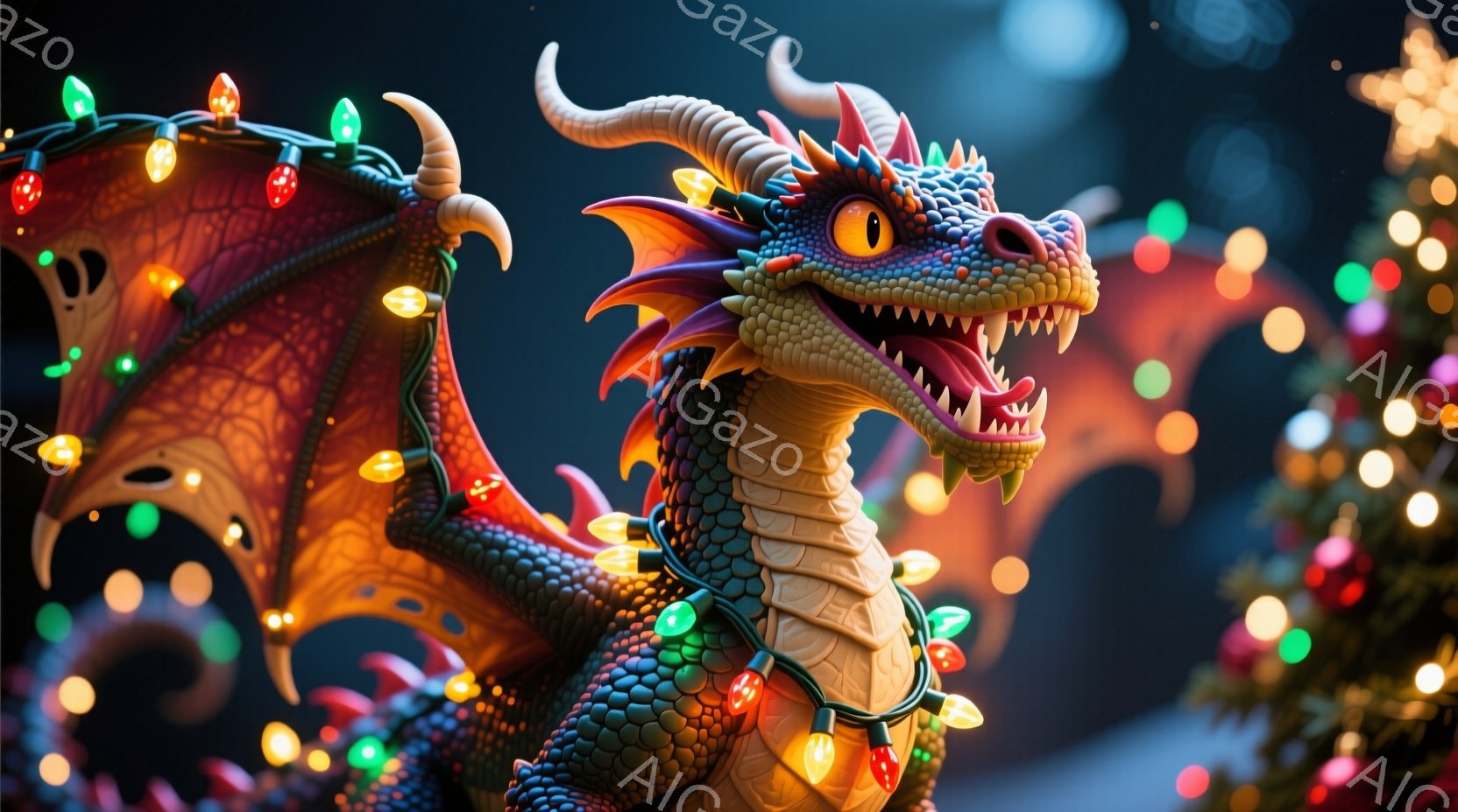 深紅とエメラルドグリーンの鱗を持つ大きなドラゴンが、クリスマスツリーの前で輝くイルミネーションライトを身に着けている。ドラゴンの表情は楽しげで、口を開けて少し笑みを浮かべており、背景にはぼやけたクリスマスツリーの光が彩りを添えている。全体的に温かく、お祝いの雰囲気に満ちた、ファンタジー調のイラストである。
