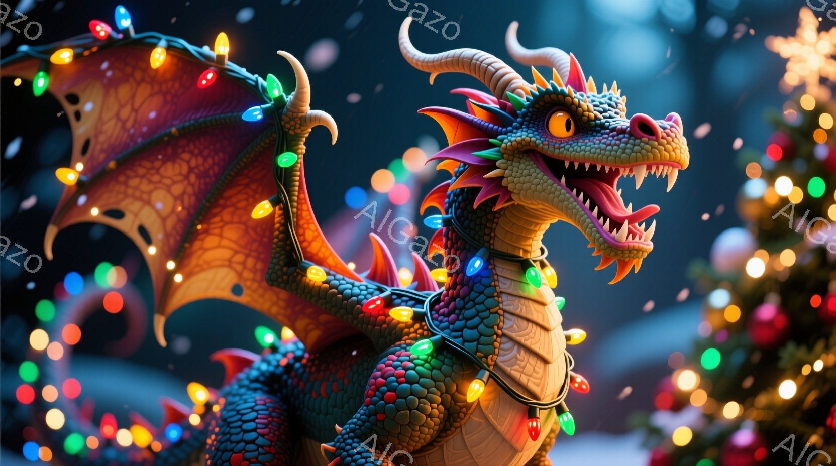 鮮やかな色彩の竜が、クリスマスの飾り付けである電球のイルミネーションを身にまとっています。その表情は興奮と楽しみに満ちており、大きく口を開けて鋭い歯を見せています。背景にはぼやけたクリスマスツリーと、降り注ぐ雪が確認でき、全体的に祝祭的で賑やかな雰囲気を醸し出しています。