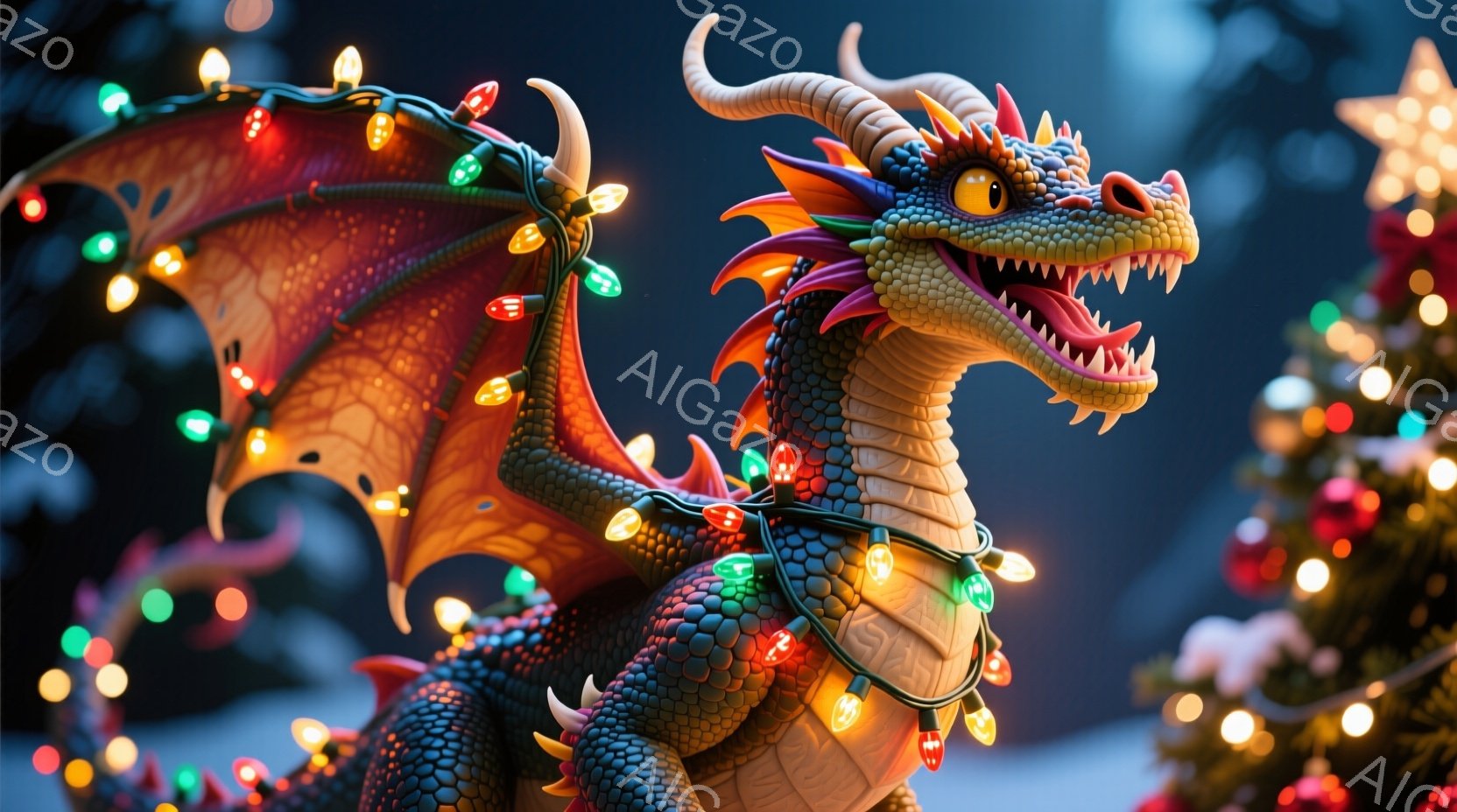 鮮やかな緑色のドラゴンの全身図で、クリスマスライトが首や翼に巻き付いています。ドラゴンの口は大きく開いており、楽しそうな表情をしています。背景には雪景色と、ぼやけたクリスマスツリーの光が散りばめられており、華やかで祝祭的な雰囲気を醸し出しています。