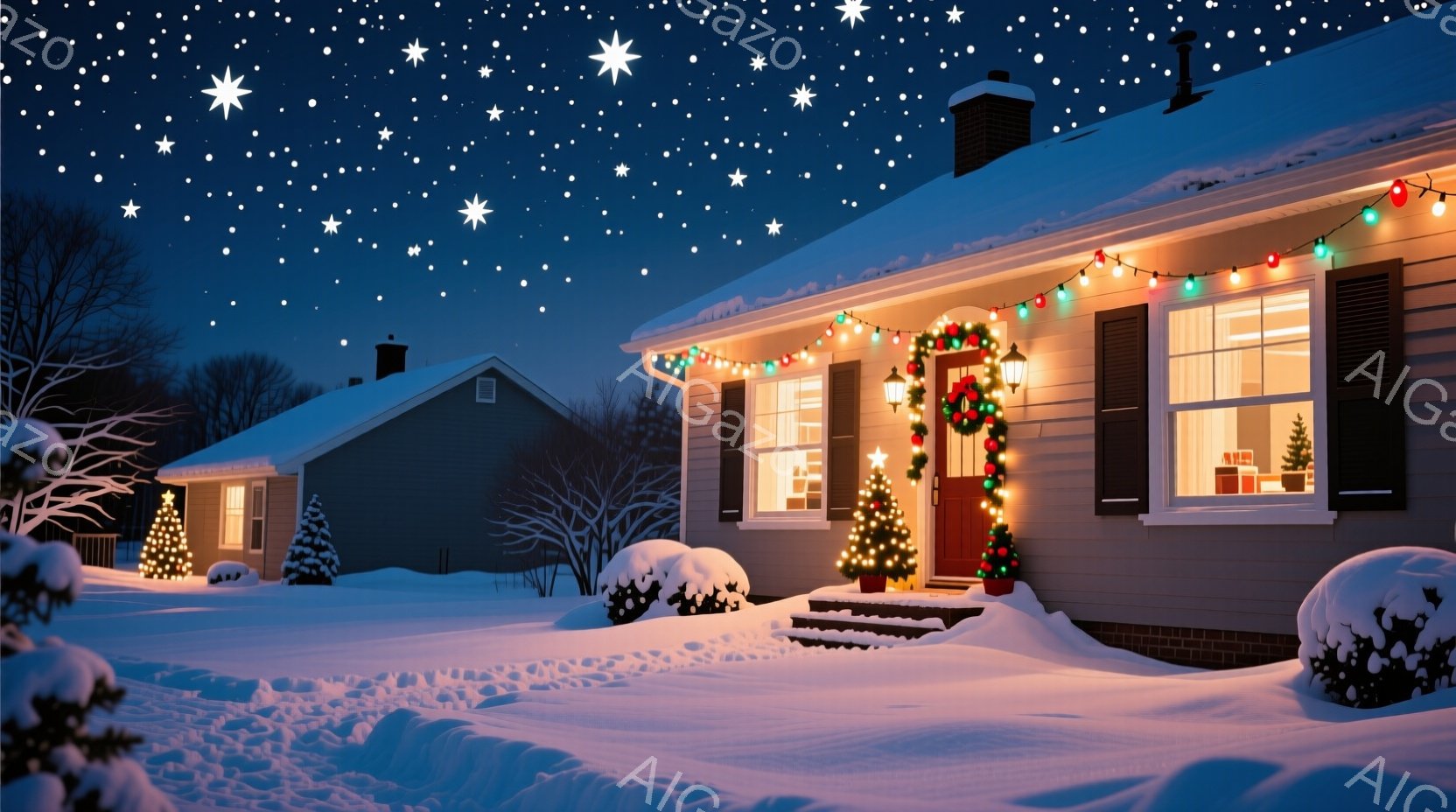吹雪の中、クリスマスデコレーションで飾られた一軒家が穏やかに光っている。家の周りは雪に覆われ、庭には小さなクリスマスツリーがいくつか設置されている。夜空には星が輝き、温かく幻想的な冬の雰囲気を醸し出している。