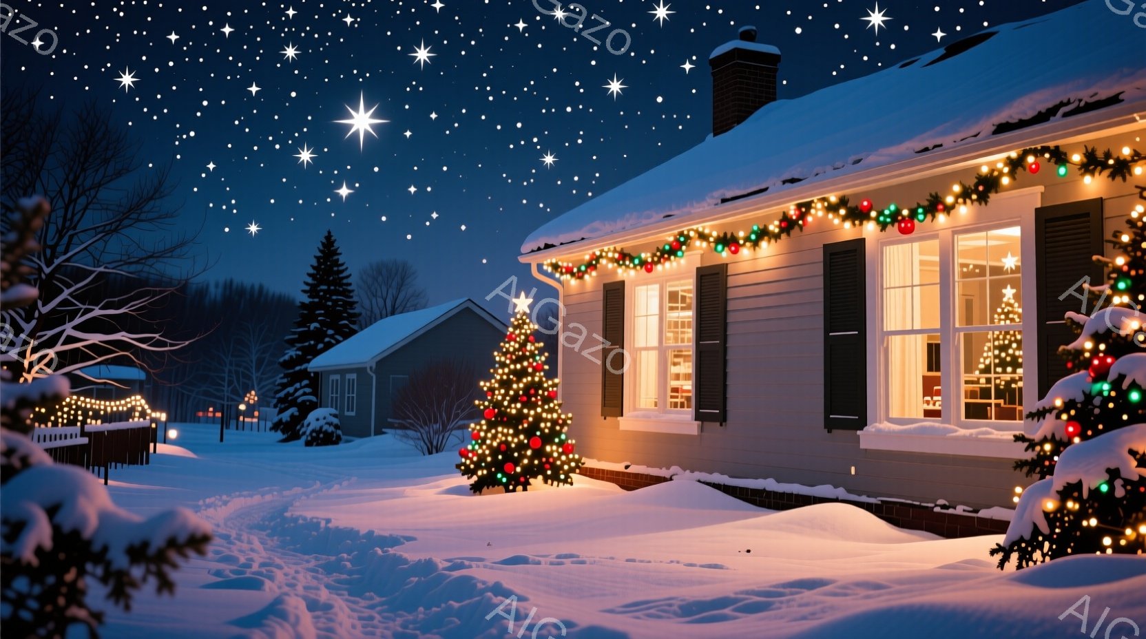 雪に覆われた住宅街の夜、一軒の家がクリスマス装飾で輝いている。家の周りには雪が積もり、庭には飾られたクリスマスツリーが置かれ、窓からは温かい光が漏れ出している。星が輝く夜空と、暖かな光が合わさり、穏やかで心温まるクリスマスの雰囲気が漂っている。