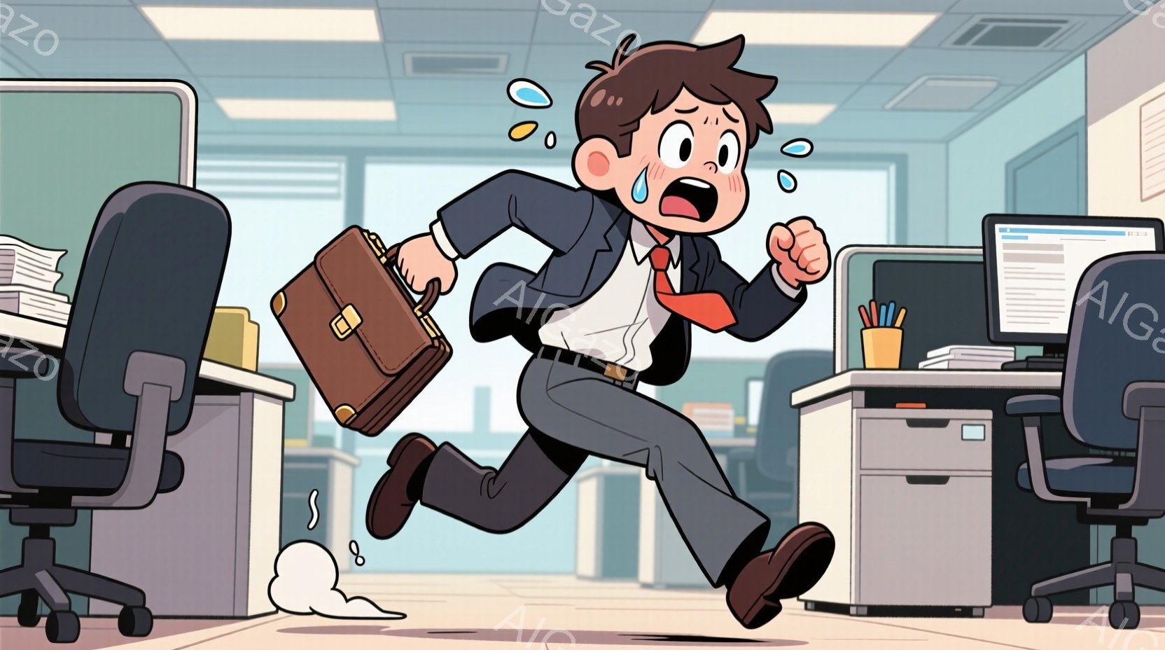 茶髪の女性が椅子に座り、赤いジャケットと白いブラウスを着ています。彼女は笑顔で、右手を少し上げています。別の男性はヘルメットとオーバーオールを着て、女性に向かって深々とお辞儀をしており、非常に丁寧な様子です。