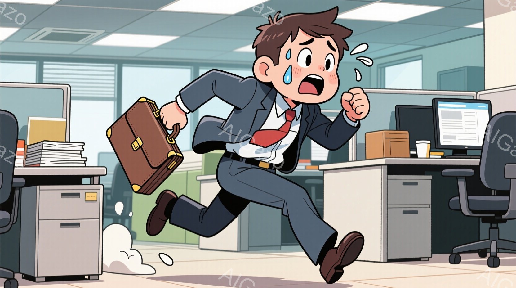 焦った表情でオフィスを走り去る男性が描かれています。彼は紺色のスーツに赤いネクタイ、茶色の革製のブリーフケースを持っており、走る速度が速いため、足元には動きの軌跡が見えます。背景にはオフィス家具やコンピューターモニターが配置されており、日常的なオフィス空間の中に、緊迫感とユーモアが混ざり合った雰囲気が漂っています。