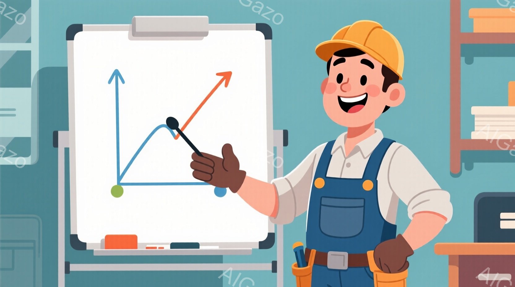 作業着を着た男性が、白いホワイトボードの前に立っています。彼はオーバーオールと白いシャツを着ており、頭には黄色いヘルメットを被っています。彼は片手に棒を持ち、ホワイトボードに描かれたグラフを指しており、笑顔で自信に満ちた表情をしています。