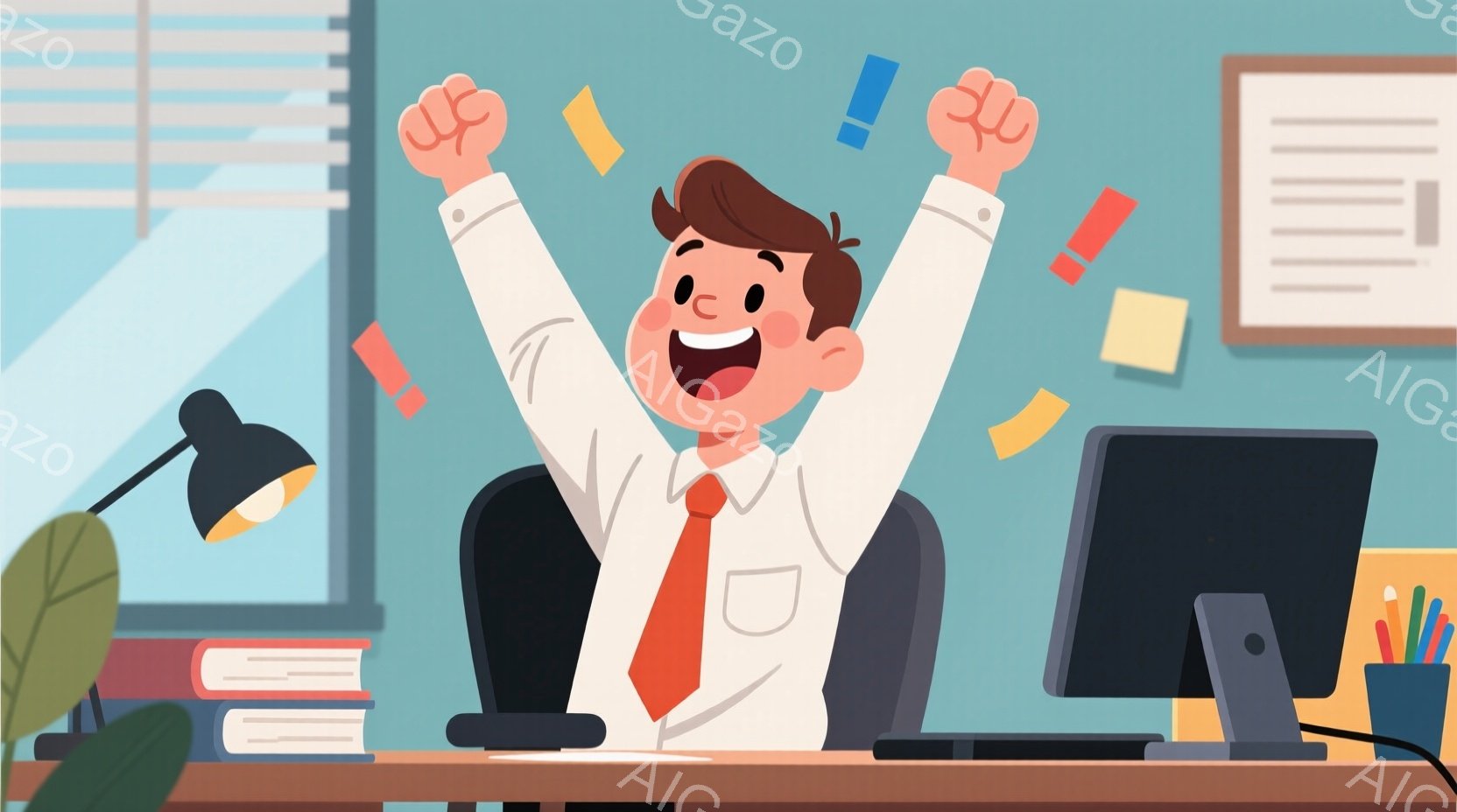 紺色の椅子に座った男性は、オレンジ色のネクタイと白いシャツを着ており、顔は喜びで満ち溢れ、両手を高く上げています。机の上には、コンピューター、本、ペン立てがあり、背景には窓とカラフルなメモが貼られた壁 - AI生成フリー素材