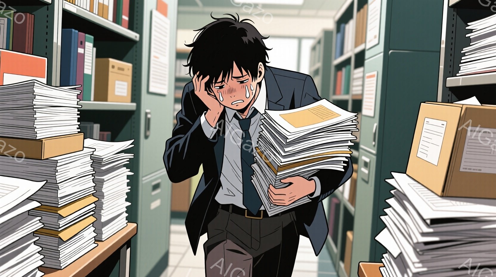 この男性は、黒いジャケットとズボン、白いシャツとネクタイという仕事着を着ており、大量の書類を抱えています。彼は疲労困憊した表情で、額には汗が浮かび、まるで限界に近いかのように見えます。背景には書類でいっぱいの棚が並び、閉塞感のあるオフィス空間が描かれており、仕事のプレッシャーと疲労感を強調しています。