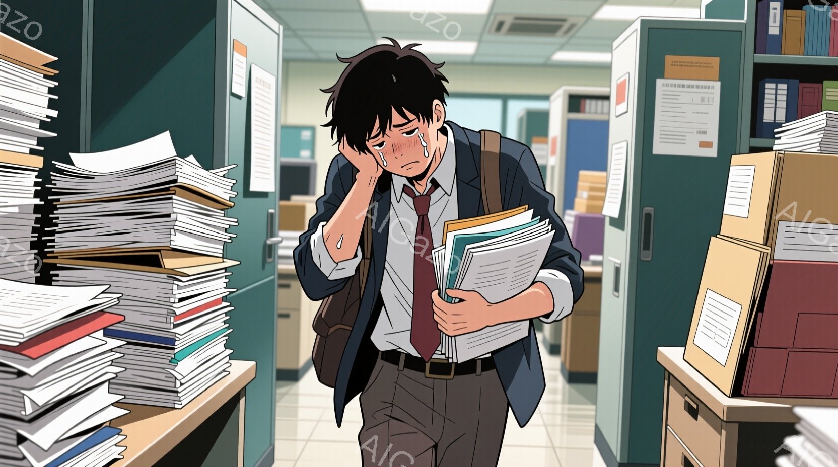 若い男性が大量の書類に囲まれ、疲労困憊した様子で立っている。彼は紺色のジャケットに白いシャツ、茶色のズボンを着用し、黒髪を無造作に撫でつけている。背景には書類棚が並び、薄暗いオフィスのような空間が広がっており、全体的に疲労とプレッシャーを感じさせる雰囲気である。