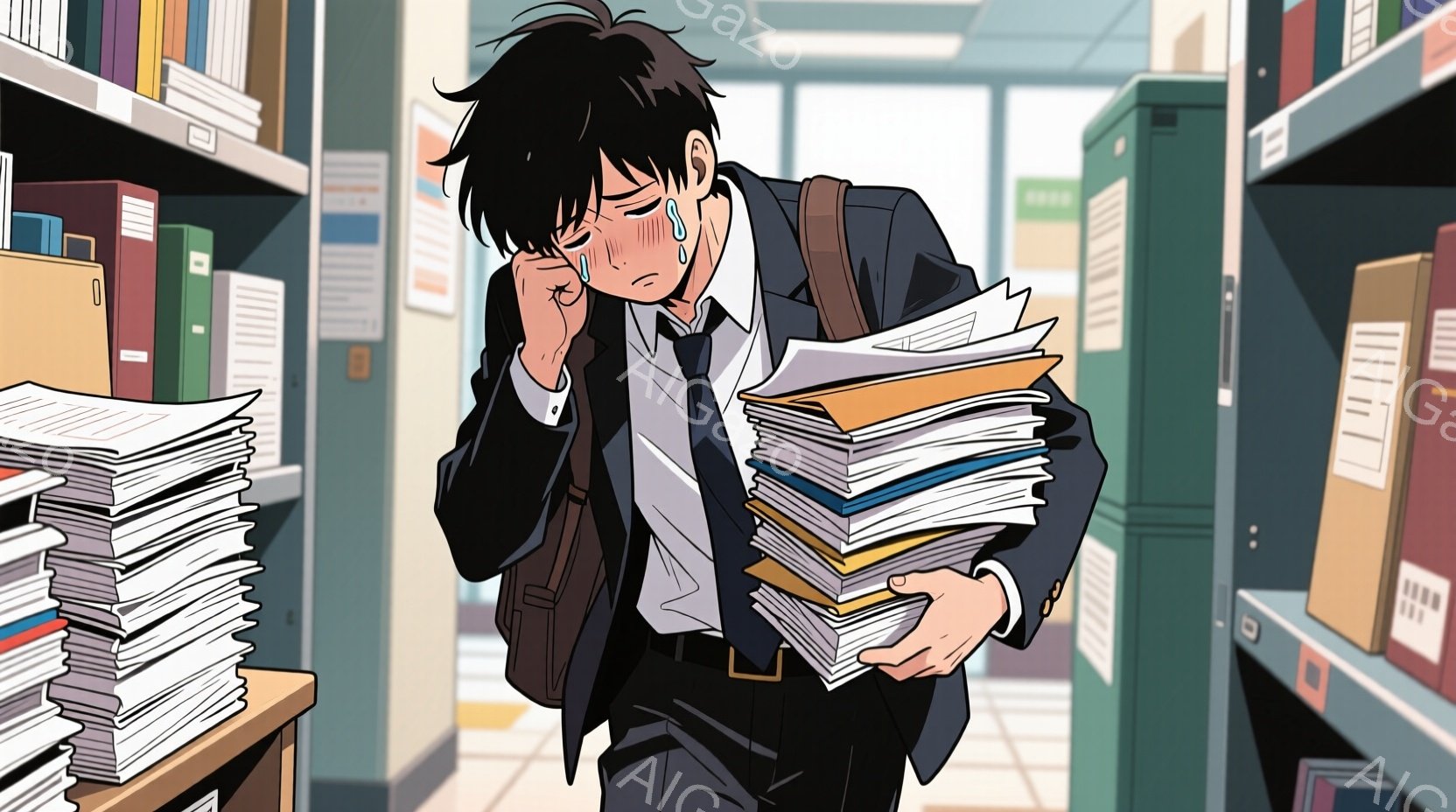 若い男性は、大量の書類の山を抱え、疲労困憊した表情をしています。彼は黒いスーツに白いシャツ、ネクタイを着用し、肩に黒いバッグをかけています。背景には書類棚が並び、まるでオフィスか図書館のような室内空間が描かれており、過労とプレッシャーに押しつぶされそうな雰囲気が漂っています。