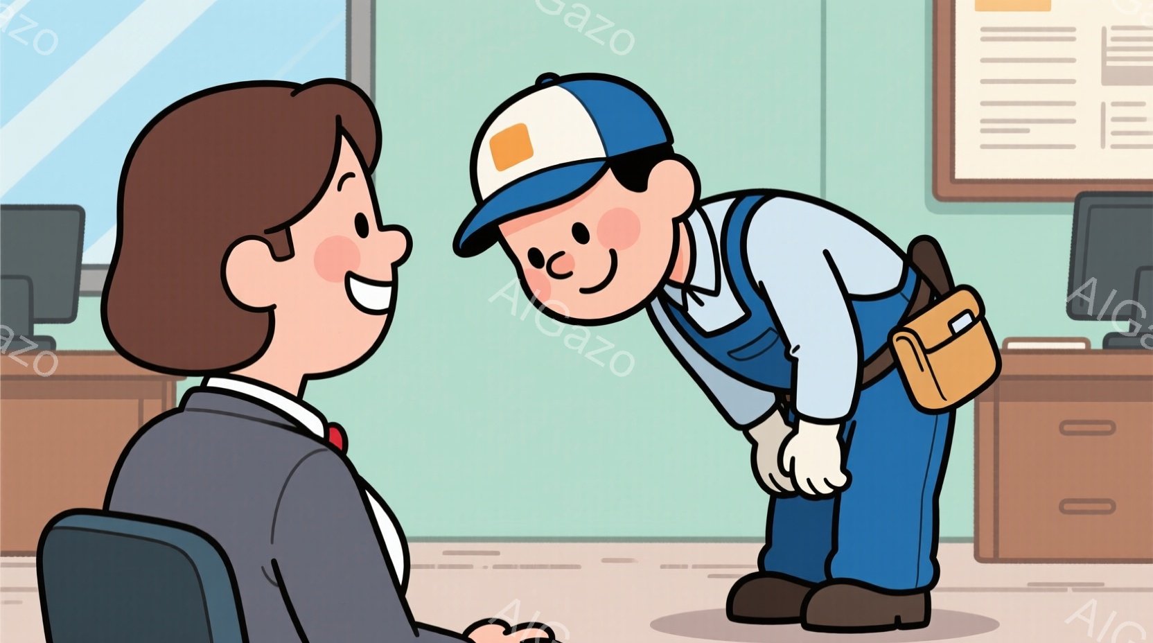 茶髪でスーツを着た女性と、作業着を着た男性が描かれています。男性は深くお辞儀をしており、女性は笑顔でそれを見ています。背景には机やキャビネットがあり、オフィスのような室内であることがわかります。 - AI生成フリー素材