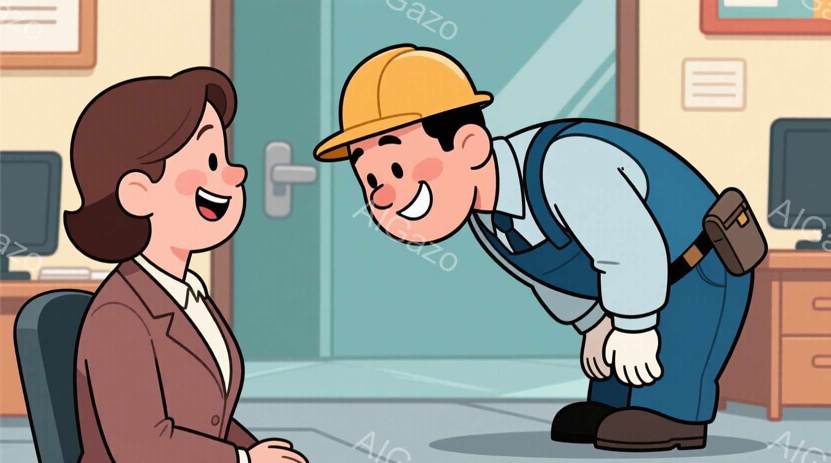 女性は茶色の髪で、赤いジャケットと白いシャツを着ています。彼女は椅子に座って笑顔で、少し驚いた表情をしています。男性は黄色いヘルメットと作業着を着て、頭を深く下げて女性に挨拶しています。