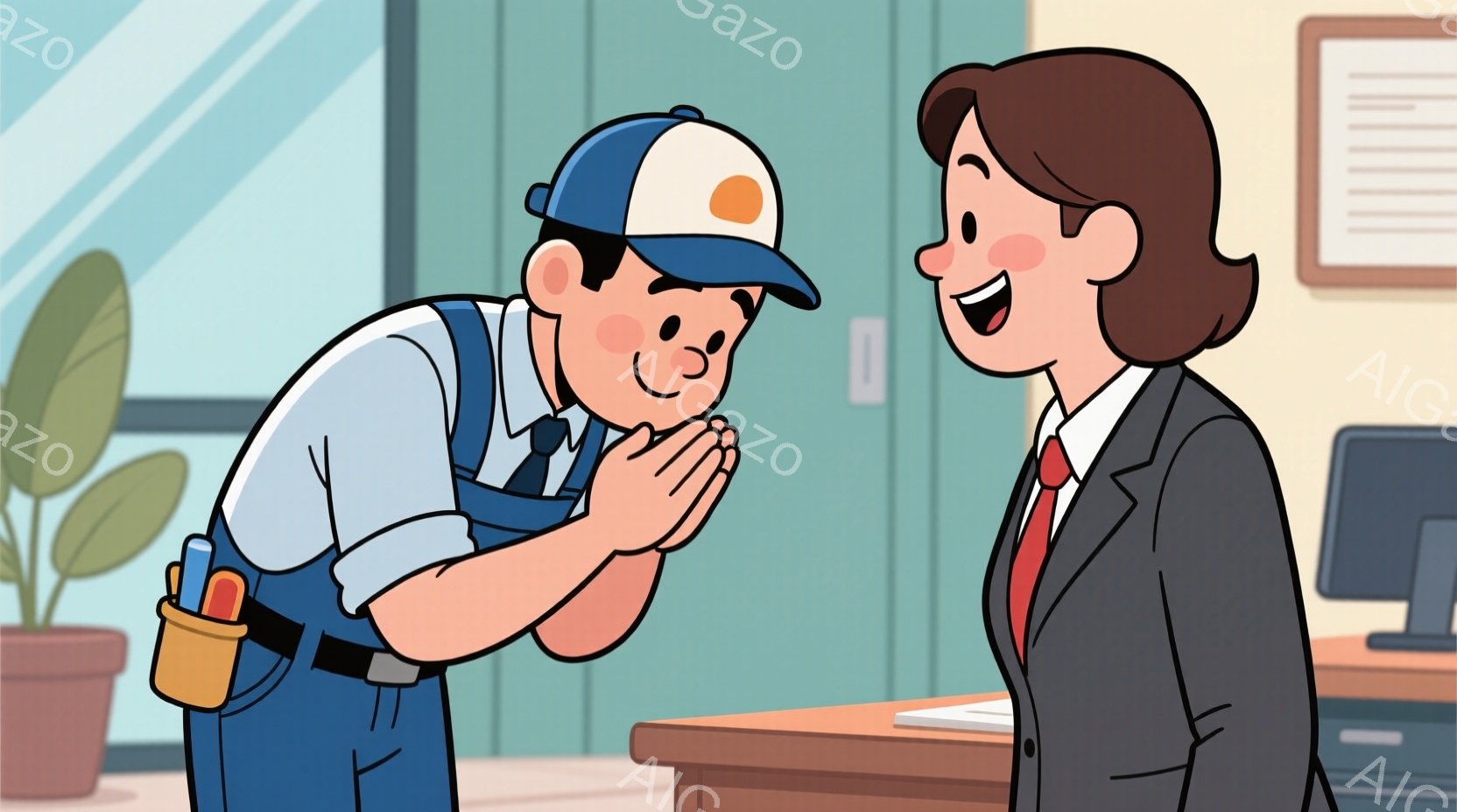 作業着を着た男性が女性に向かってお辞儀をしています。男性は紺色のつなぎ服にオレンジ色のツールベルトを巻いており、キャップを被っています。女性は黒いスーツに赤いシャツを着ており、笑顔で男性を見下ろしてい - AI生成フリー素材