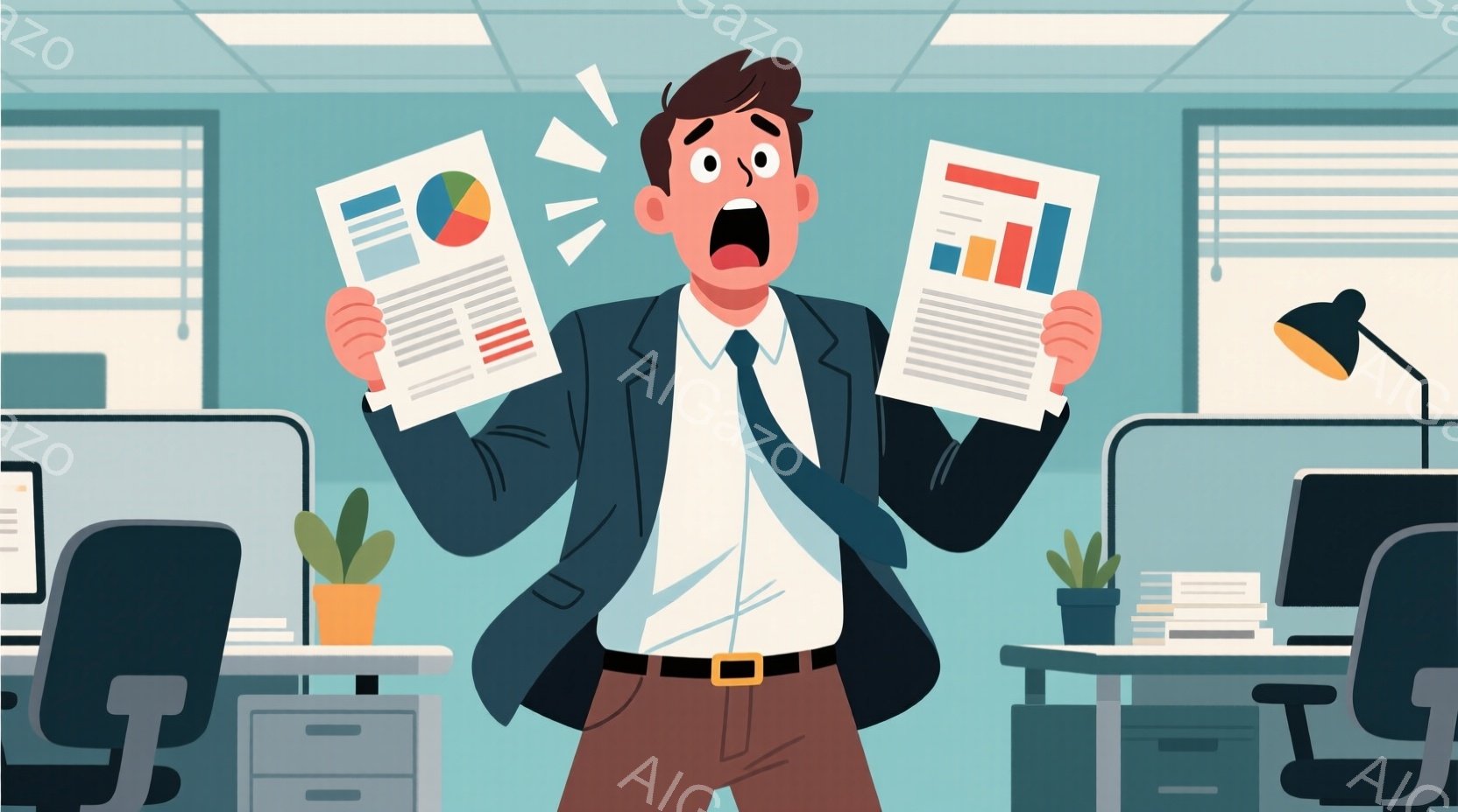 紺色のジャケットと白いシャツ、赤いネクタイを身につけた男性が、2枚のグラフの書類を掲げ、非常に驚いた表情をしています。彼は両手を高く上げ、口を大きく開けており、茶色の髪は短く整えられています。背景には - AI生成フリー素材