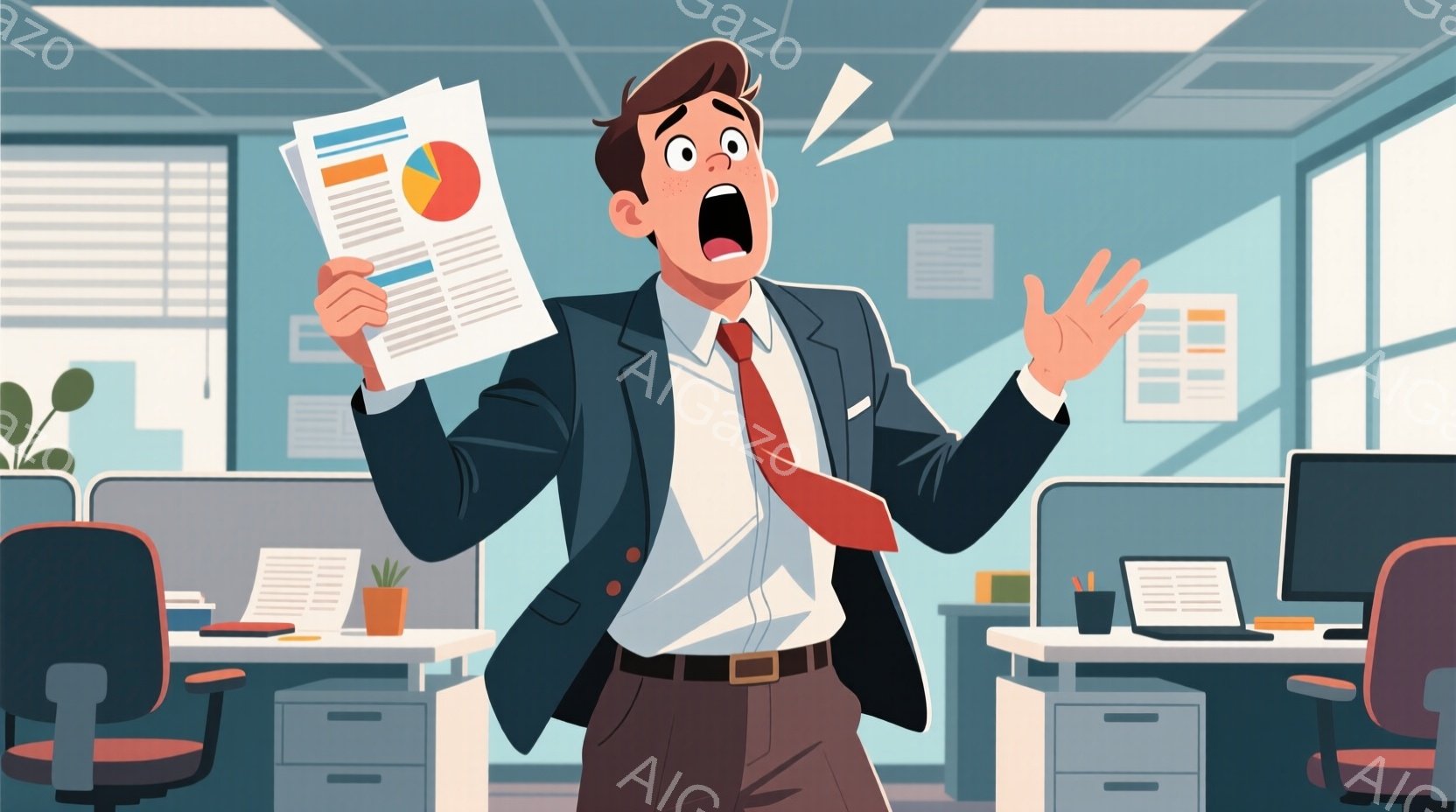 焦った表情の男性が、オフィスで書類を高く掲げています。彼はネクタイとジャケットを着ており、髪型は短髪で、驚いた顔をしています。背景にはオフィスデスクや椅子が見え、オフィス全体が明るい雰囲気ですが、男性の表情から緊急事態や強い驚きを感じさせます。