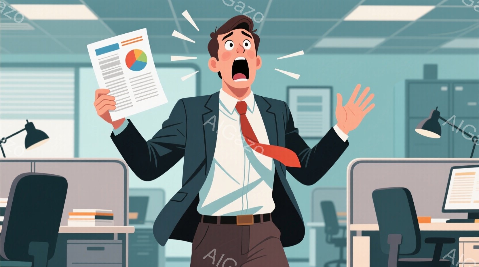 紺色のジャケットと白いシャツに赤いネクタイを締めた男性が、驚愕した表情で書類を高く掲げています。彼は口を大きく開け、目は大きく見開き、まるで何か恐ろしいものを発見したかのような様子です。背景はオフィスで、黒い机と椅子が並び、デスクライトが点いています。