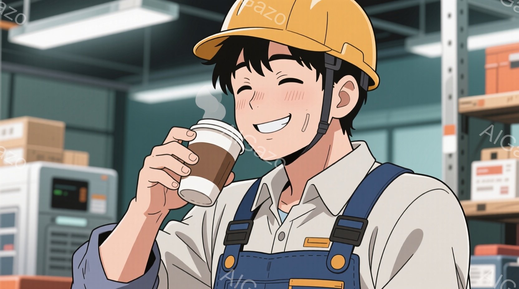 作業着とヘルメットを着用した若い男性が、コーヒーを手に微笑んでいます。彼は少し頬を赤らめ、楽しそうな表情をしています。背景には倉庫の棚が並び、全体的に明るく活気のある雰囲気が漂っています。 - AI生成フリー素材