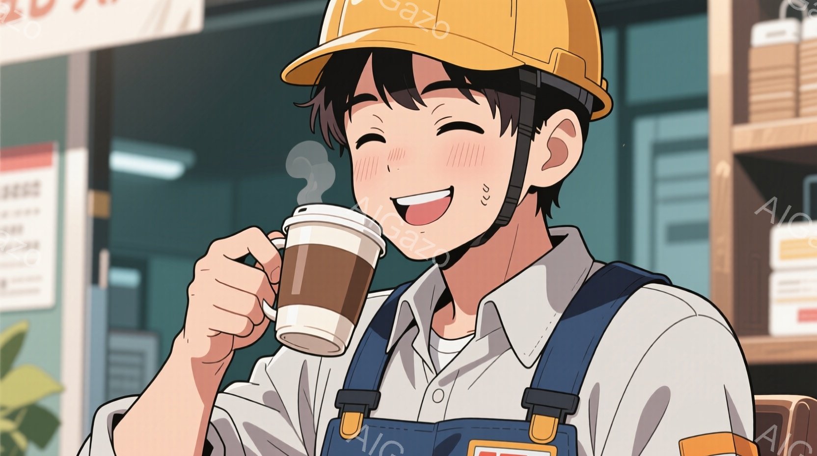 作業員は、ヘルメットをかぶり、サスペンダー付きの青い作業着と赤いブーツを身に着けています。彼は、空中に飛び散る書類の間で、喜びの表情を浮かべながら走っています。背景は灰色で、書類が散らばっており、全体的に活気に満ちた、コミカルな雰囲気です。