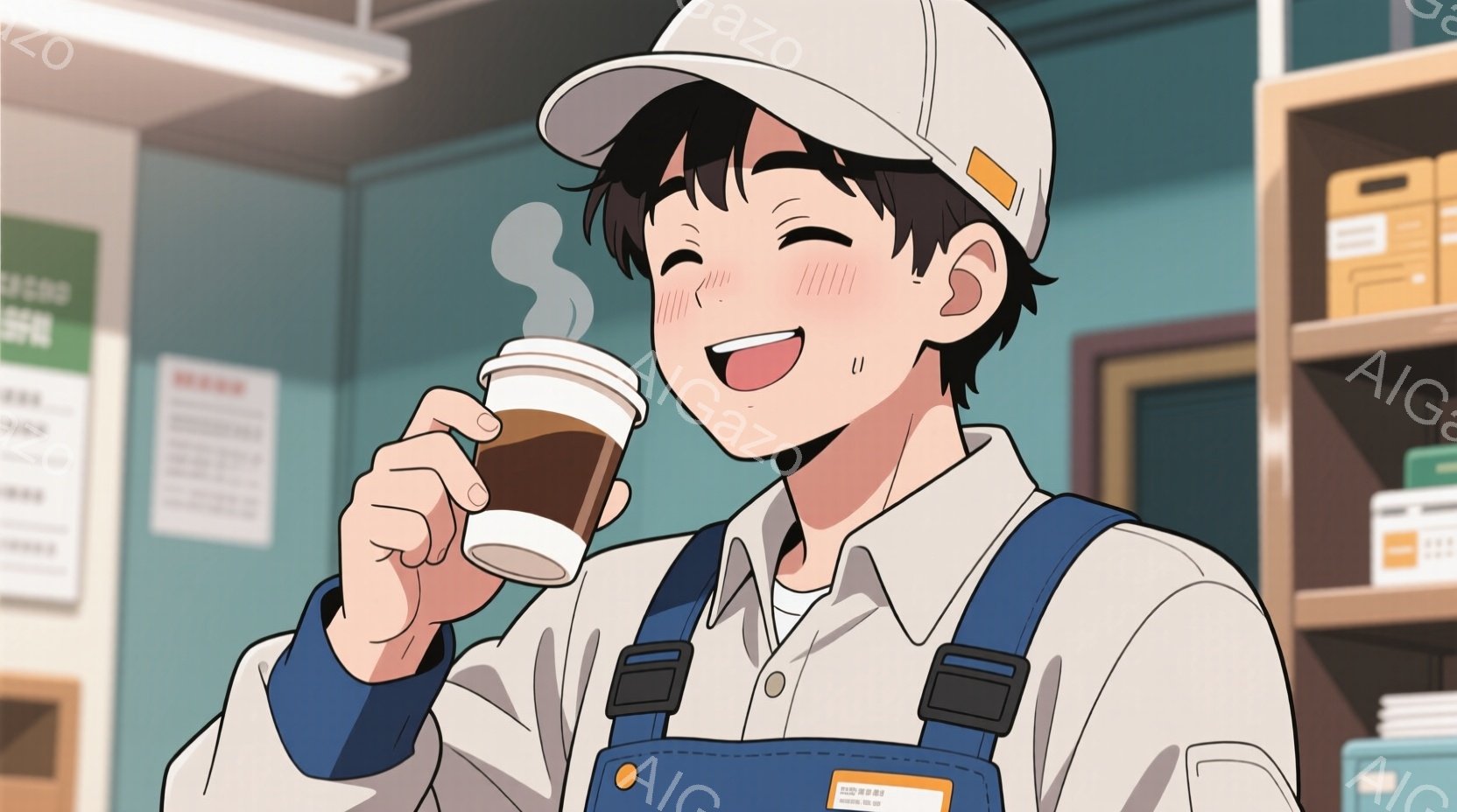 若い男性がコーヒーを手に笑顔でこちらを見ているイラストです。彼は白い作業着にオーバーオールを着ており、頭には白い帽子を被っています。背景には棚があり、店内のような雰囲気で、全体的に明るく元気な印象を与 - AI生成フリー素材