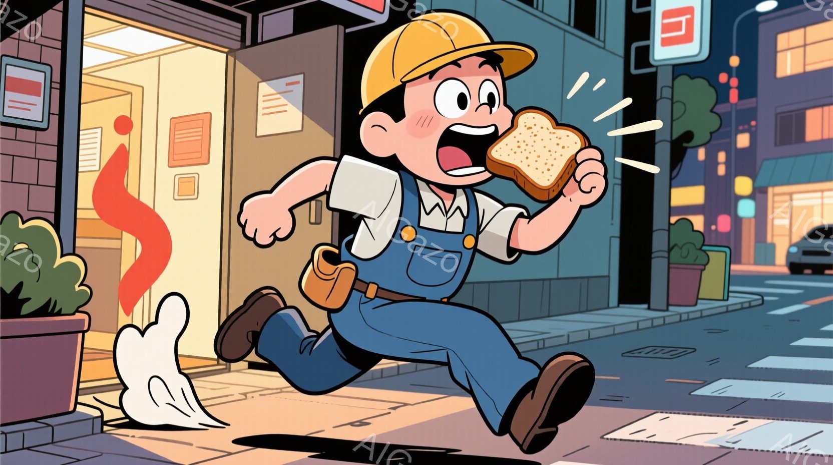 作業着を着た若い男性が、パンを片手に走り出している様子が描かれている。彼はつば付きの帽子をかぶり、興奮した表情で片足を大きく上げ、まるで何かから逃げるかのように活発に動き回っている。背景にはレンガ造りの建物、街路樹、そして夜の街並みが広がっており、活気のある雰囲気である。