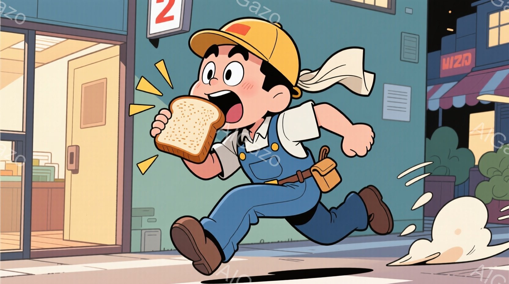 作業着を着た若い男性が、片手にトーストを持って走り出している。彼は青いオーバーオール、白いシャツ、そして黄色いヘルメットをかぶっており、表情は非常に喜んでいるように見える。背景には建物と道路があり、彼が走る速度を示すように、動きの軌跡が描かれている。