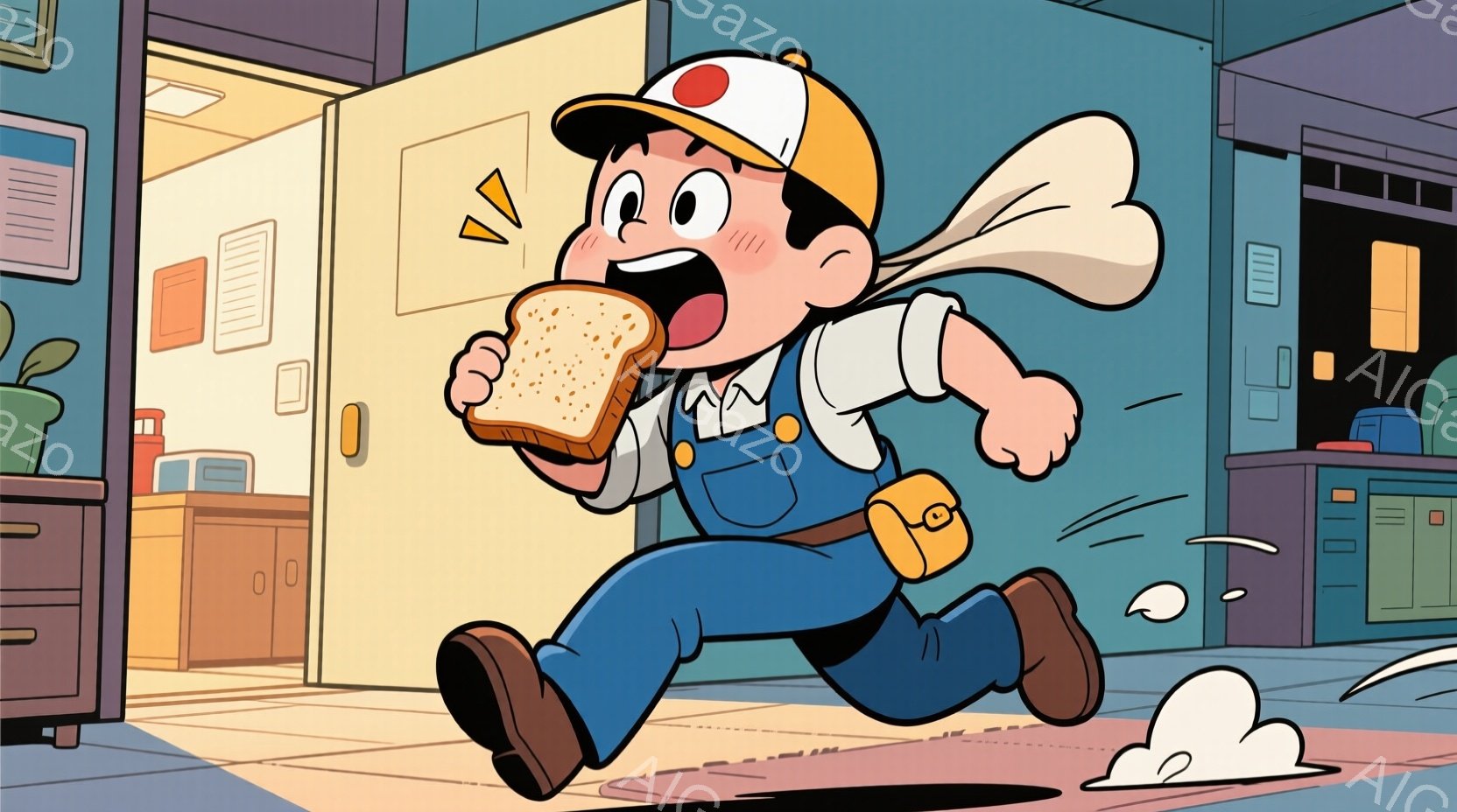 少年はオーバーオールと白いシャツを着て、頭にキャスケットをかぶっています。彼は片手にトーストをかじりながら、力強く走り出しており、表情は喜びと興奮に満ちています。背景にはクリーム色のキャビネットとドアがあり、走る速さを示す速度線と埃の雲が描かれています。