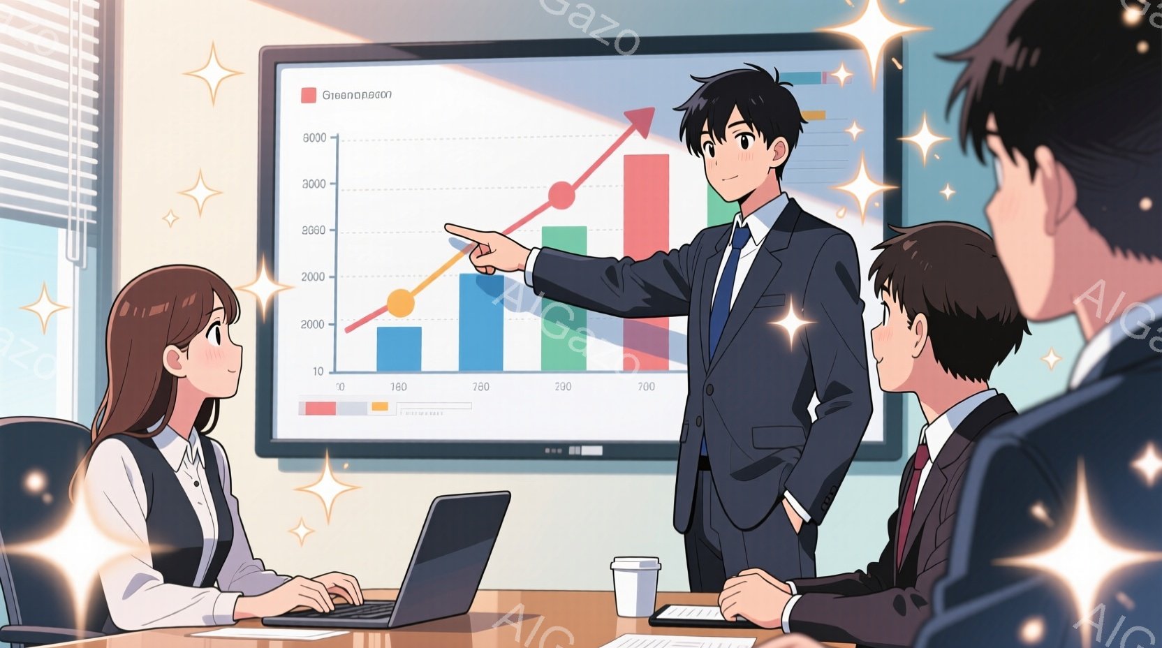 会議室で、一人の男性がプレゼンテーションをしている様子が描かれています。彼は黒いスーツを着ており、グラフを指差しながら熱心に説明しています。テーブルを挟んで、一人の女性と別の男性がノートパソコンに向か - AI生成フリー素材