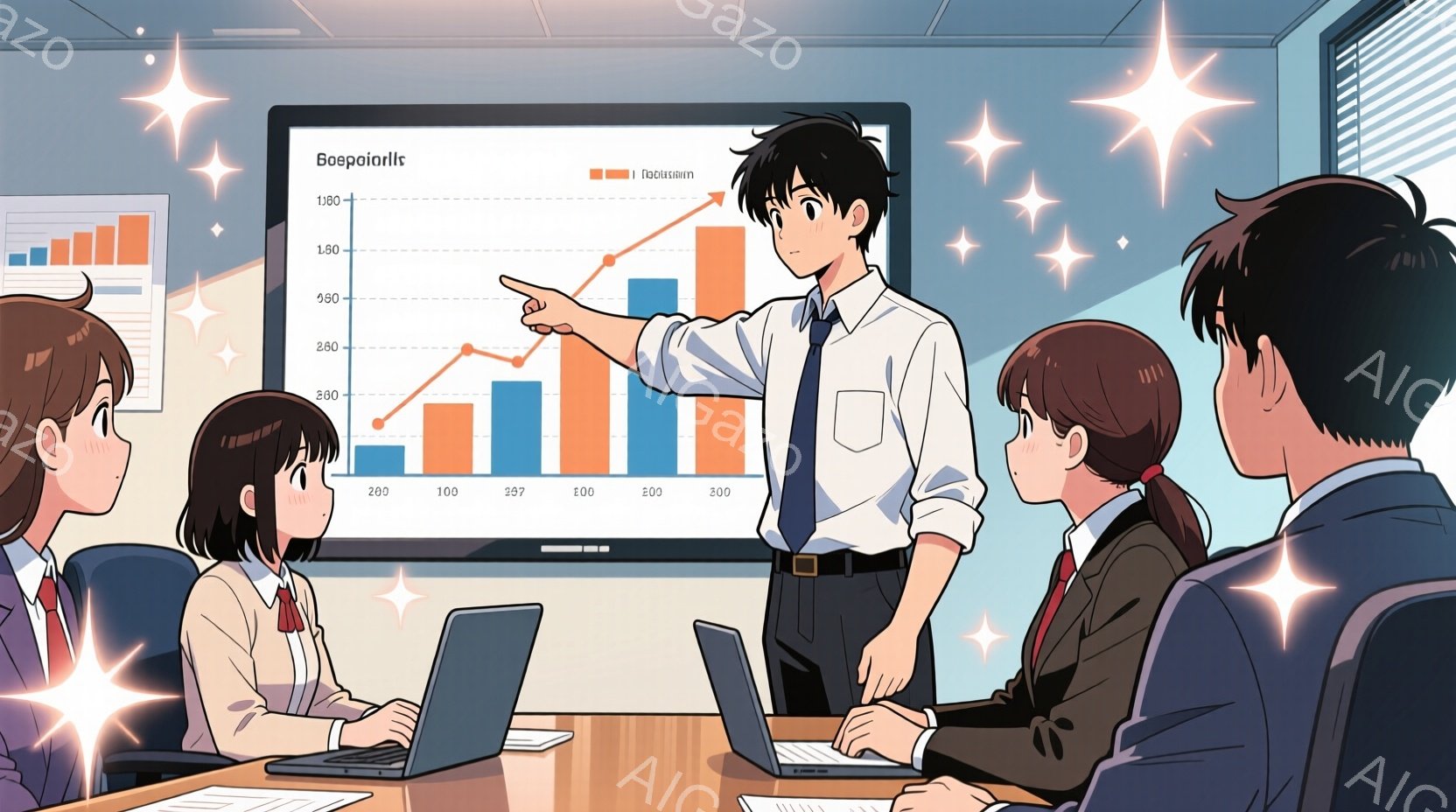 会議室で、一人の男性がプレゼンテーションをしている様子が描かれています。彼はスーツを着ており、指を伸ばしてグラフを指しています。参加者たちはパソコンに向かい、熱心に話を聞いている様子で、女性は長い髪を下ろしており、集中した表情をしています。