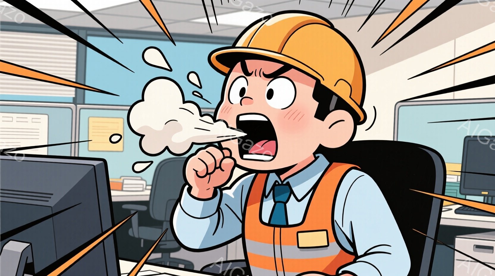 作業員姿の男性が、オフィスでパソコンの前に座り、大きく口を開けて叫んでいます。彼はオレンジ色のヘルメットと蛍光ベストを着用し、青いネクタイと白いシャツを着ています。背景には他のオフィス機器が見え、全体的に緊迫した、ストレスを感じさせる雰囲気です。