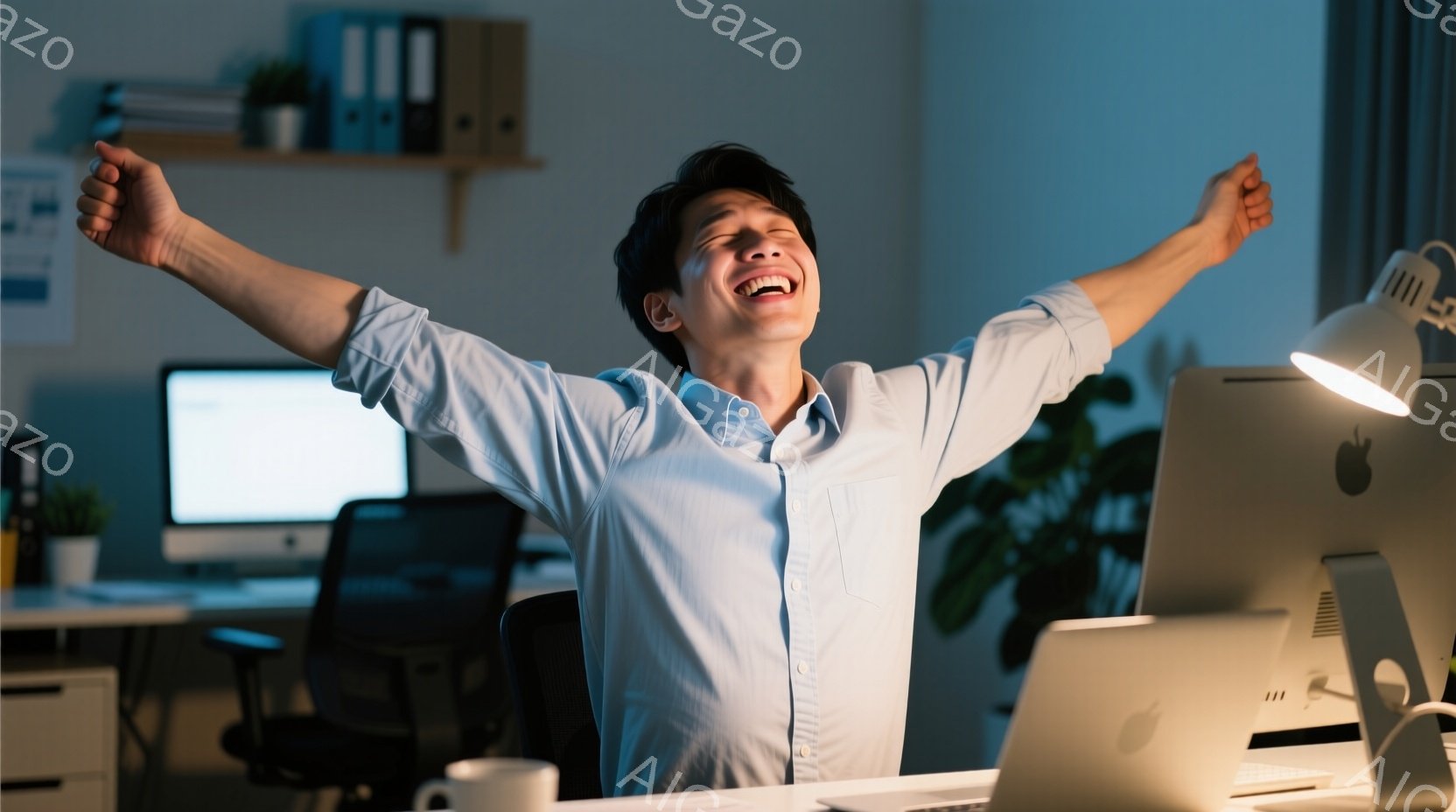 青いシャツを着た若い男性が、オフィスで両腕を広げ、顔を上げて歓喜している様子が写っている。背景には、机、椅子、コンピュータ、本棚が見え、室内は明るく、成功や達成感を感じさせる雰囲気が漂っている。彼は髪 - AI生成フリー素材
