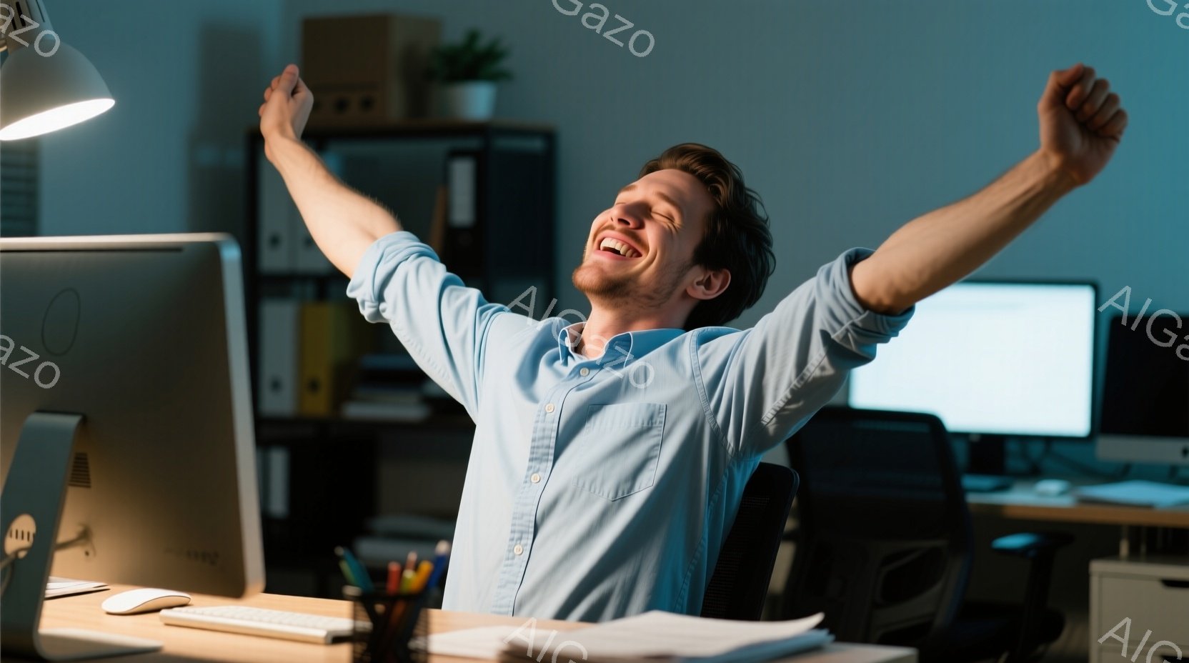 青いシャツを着た男性がオフィスで椅子に座り、両腕を上げて喜びの表情を浮かべている。彼の背後にはパソコン、書類、文房具が置かれ、オフィス環境がうかがえる。明るい照明と集中線が、彼の成功や達成感を強調している。