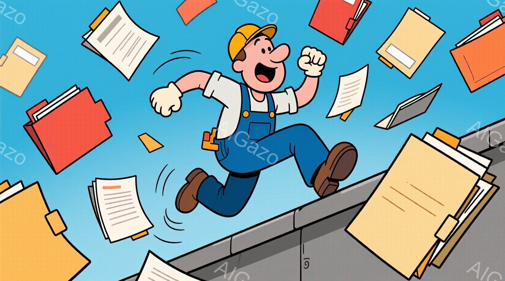 作業員は、ヘルメットとオーバーオール姿で、書類が舞い散る中、勢いよく走っている。彼の表情は喜びと興奮に満ち溢れ、まるで何かを達成したかのような様子だ。背景は青空で、書類が風に吹かれて飛び散っている様子 - AI生成フリー素材