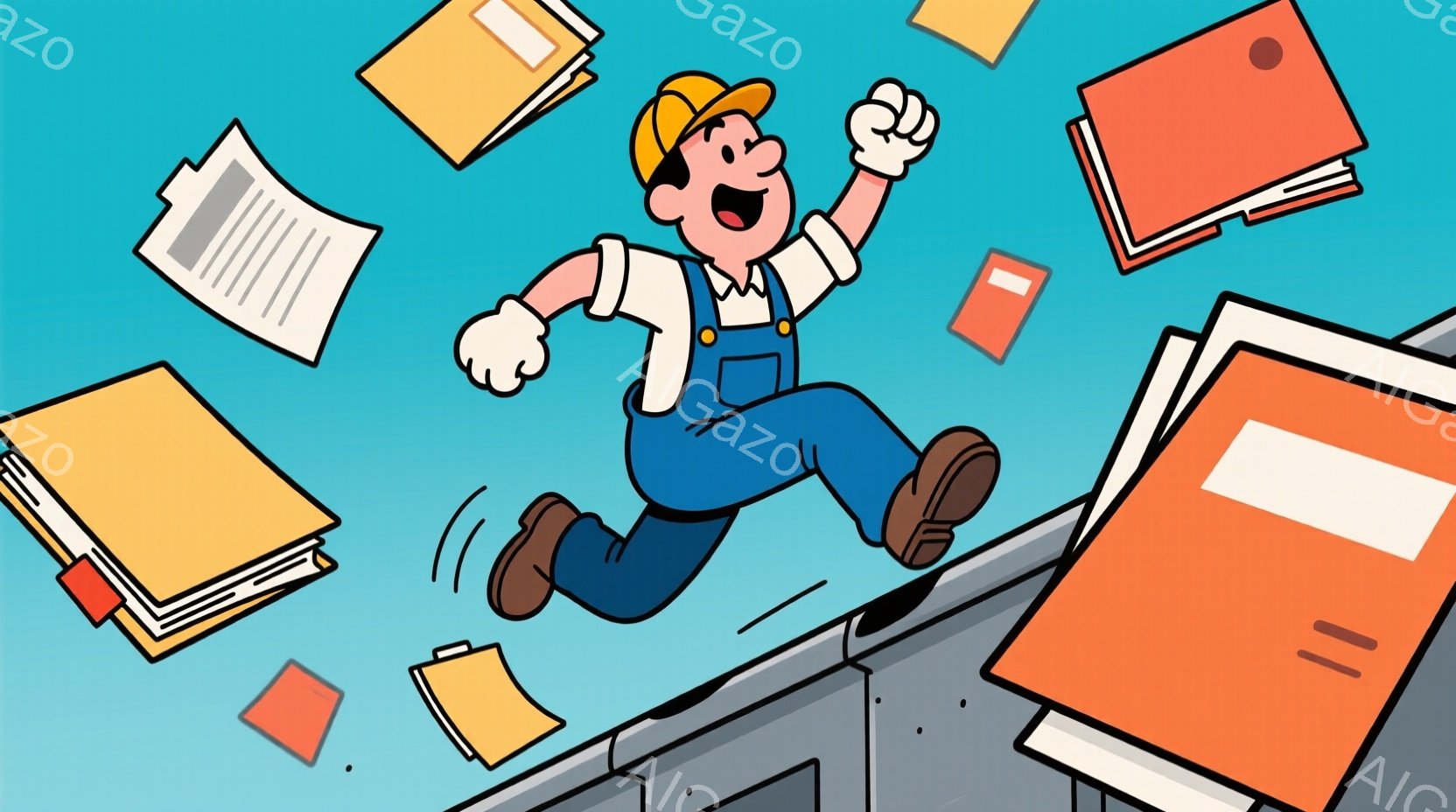 明るい青い空を背景に、作業着を着た男性が屋根の上を走っている。彼は帽子をかぶり、笑顔で両手を上げており、躍動感に満ちたポーズをとっている。周囲には書類が舞い上がり、まるで風に飛ばされたかのような様子で、全体的に活気に満ちた雰囲気である。
