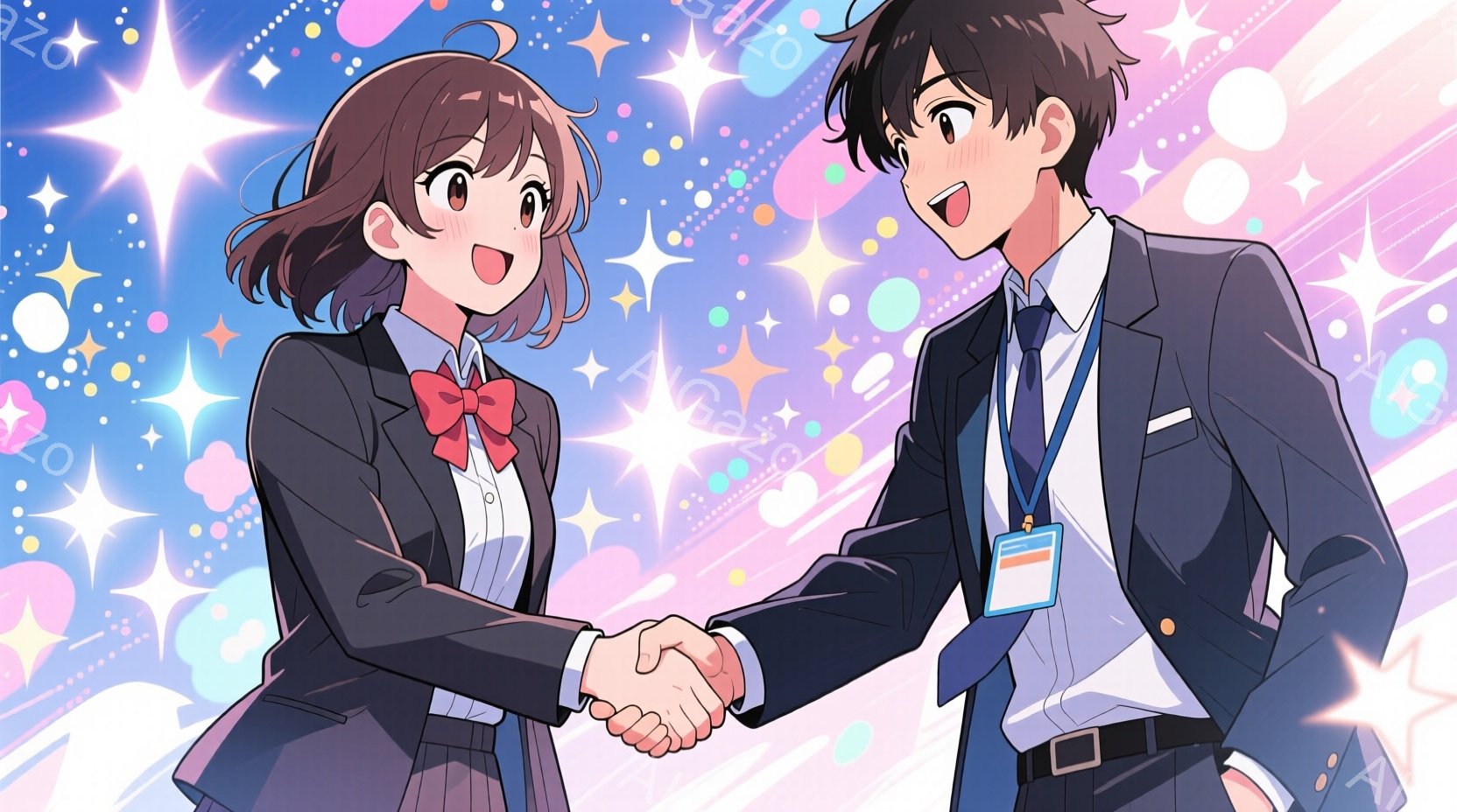 握手を交わす男女が描かれています。女性は茶色のボブヘアで、白いシャツに赤いリボン、黒いジャケット姿で、笑顔を見せています。男性は黒髪で、白いシャツにネクタイ、黒いジャケット姿で、IDカードを首から下げ、こちらも笑顔で握手しています。背景はピンクと水色のグラデーションで、星のような光が散りばめられており、華やかで明るい雰囲気が漂っています。