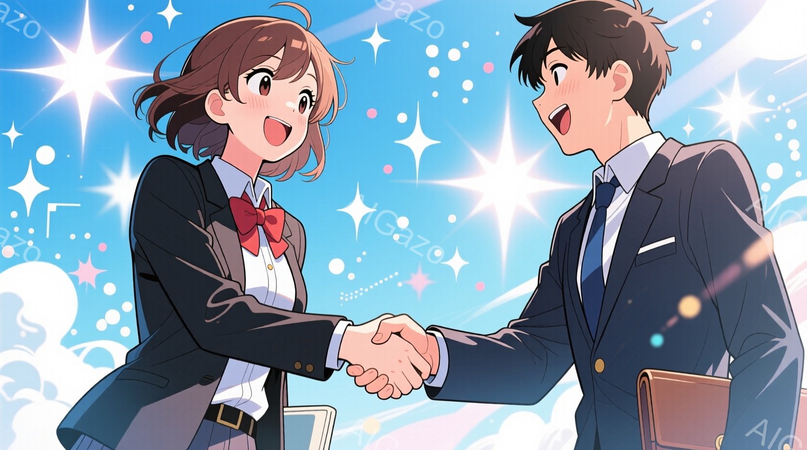 紺色のスーツに赤いリボンタイを締めた女性と、紺色のスーツの男性が握手をしています。二人の表情は明るく笑顔で、背景にはキラキラと輝く星のような光と、青い空が広がっています。全体的に明るく希望に満ちた、ポ - AI生成フリー素材