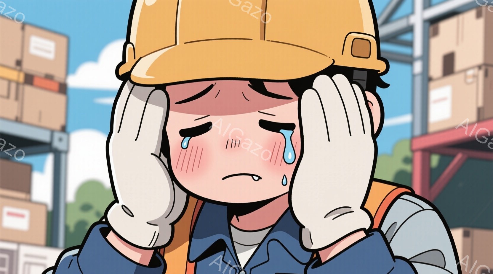 作業員は、オレンジ色のヘルメットと青い作業着を着ており、両手で顔を覆って泣いています。彼の表情は悲しげで、頬には涙が流れています。背景には段ボール箱が積み上げられた倉庫のような場所が描かれており、全体的に疲労やストレスを感じさせる雰囲気が漂っています。