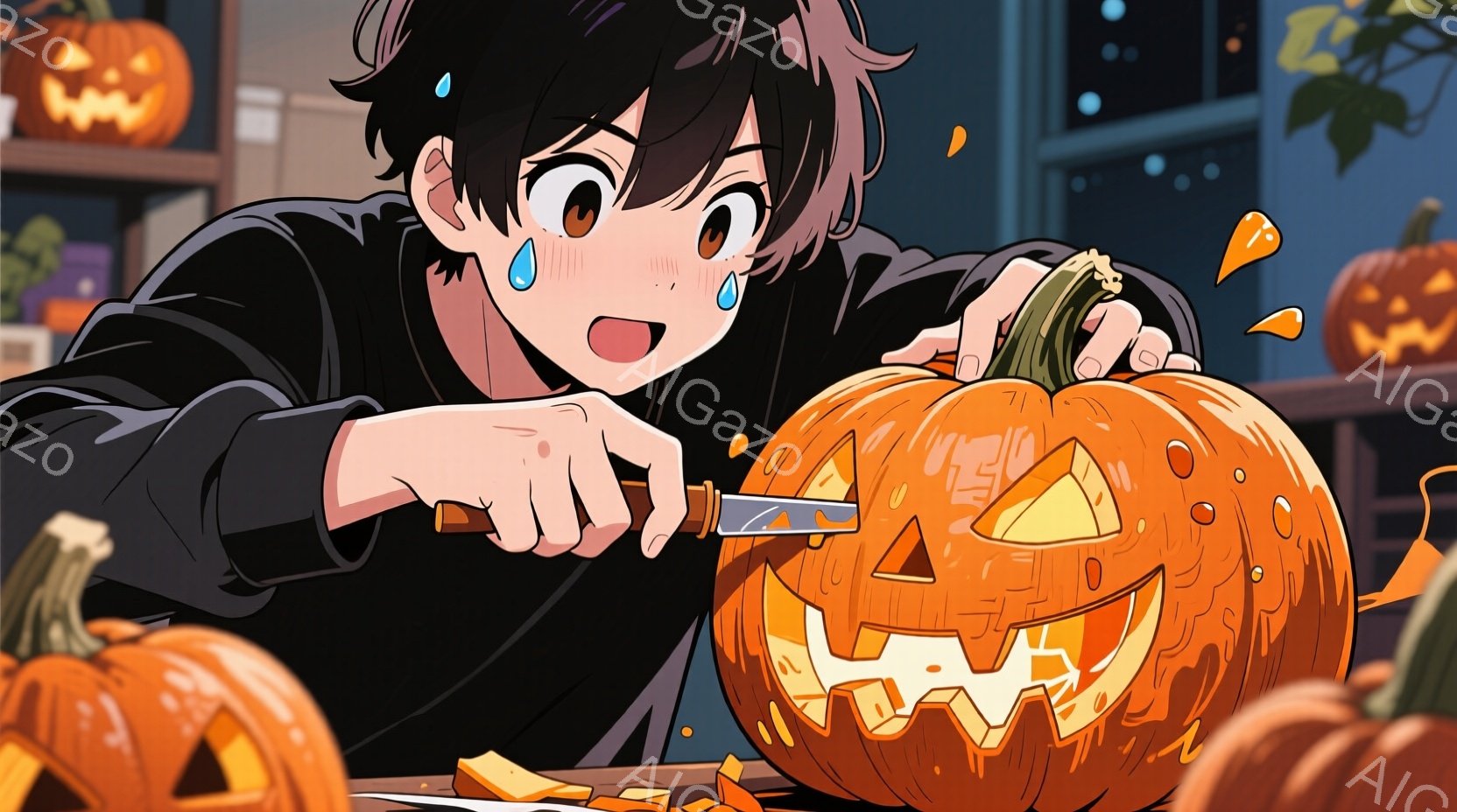 若い男性が、ハロウィーンの飾りであるカボチャを彫刻している様子が描かれています。黒い長袖シャツを着ており、少し乱れた黒髪と驚いた表情をしています。背景には、彫刻済みのカボチャや、少し暗い室内が描かれ、ハロウィーンの夜の賑やかさと、少しの緊張感が感じられます。