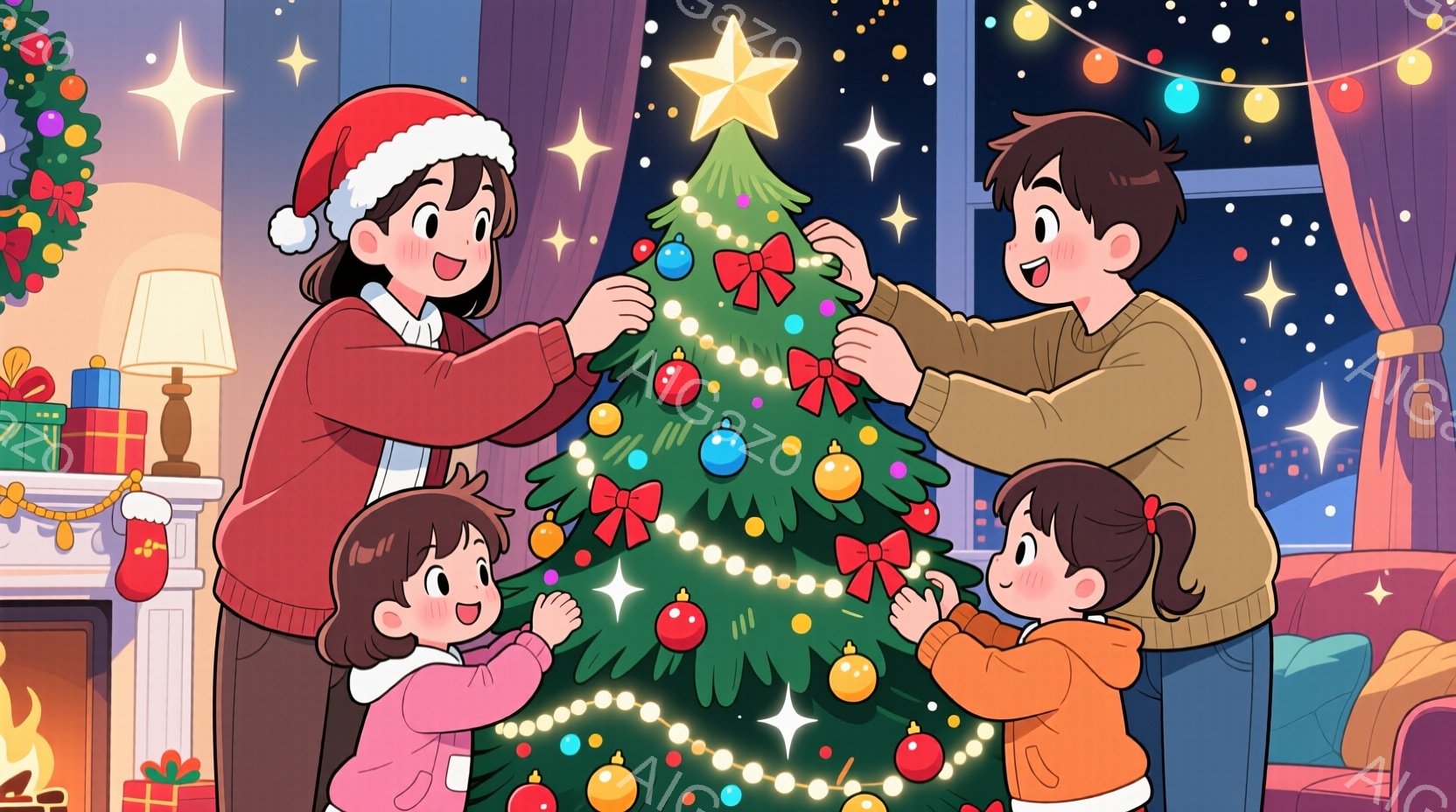 クリスマスツリーの飾り付けをする家族が描かれています。母親は赤いサンタ帽をかぶり、ピンクの服を着て、娘と一緒にオーナメントを飾り付けています。背景には、暖炉、プレゼント、そして夜景が見え、温かく、お祝 - AI生成フリー素材