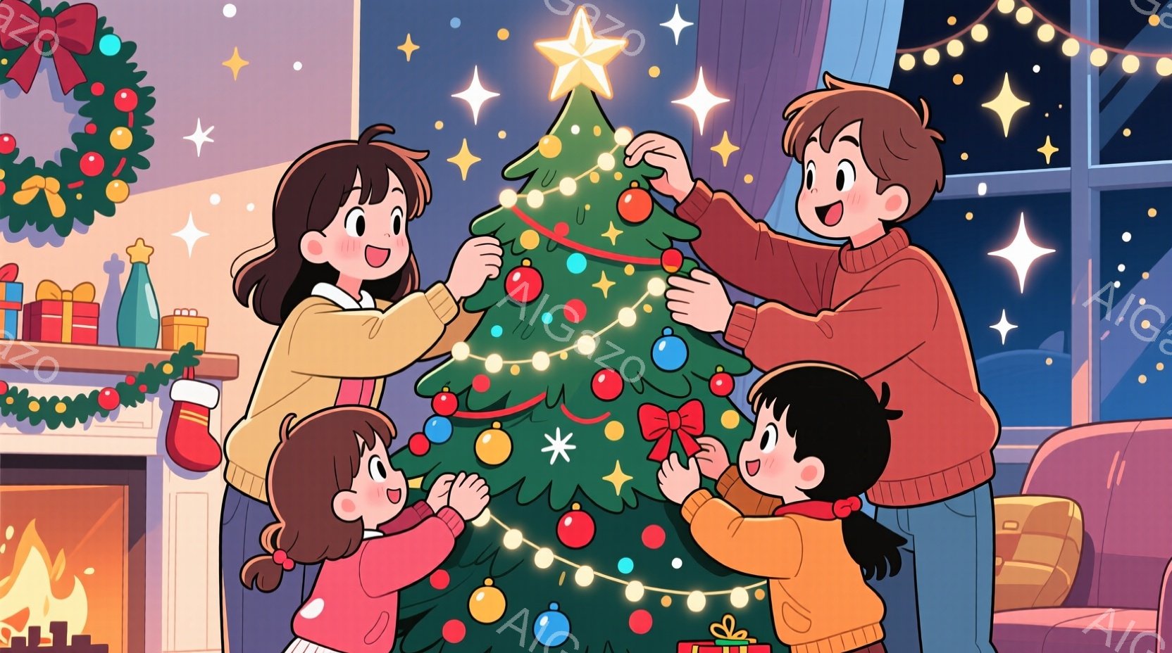 室内でクリスマスツリーを飾り付ける家族のイラストです。母親は明るいベージュ色のセーターを着て、髪を後ろで一つに結んでいます。2人の幼い娘と父親は、それぞれ赤いセーターやピンクのセーターを着ており、笑顔 - AI生成フリー素材