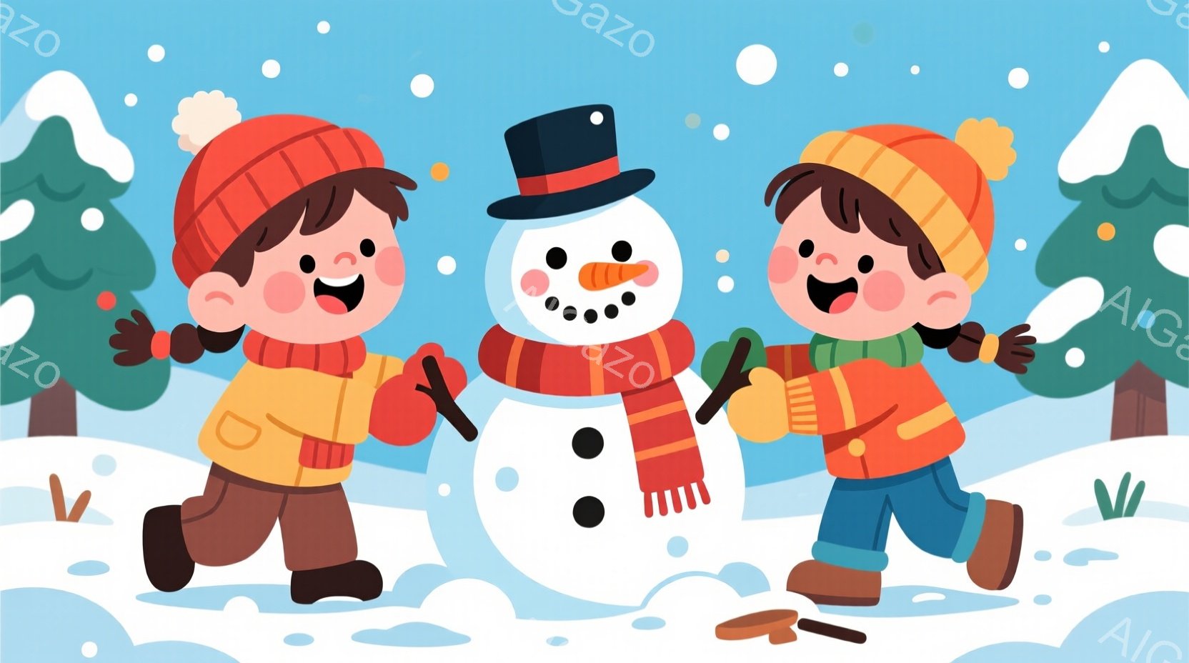 雪景色の中で、赤い帽子とオレンジ色の服を着た二人の子供たちが雪だるまを囲んでいます。子供たちは顔を輝かせ、手を広げて喜びを表現しており、雪だるまには、黒い帽子、オレンジ色の鼻、そして赤いマフラーが巻か - AI生成フリー素材