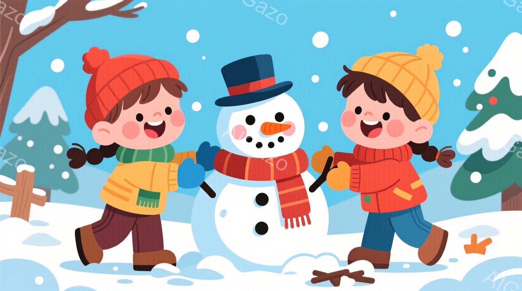 雪景色の中で、赤い帽子とオレンジ色のジャケットを着た女の子と、黄色の帽子と緑色のジャケットを着た男の子が雪だるまを作っています。二人は笑顔で、雪だるまに手をつけて楽しんでいる様子です。背景には、雪に覆 - AI生成フリー素材