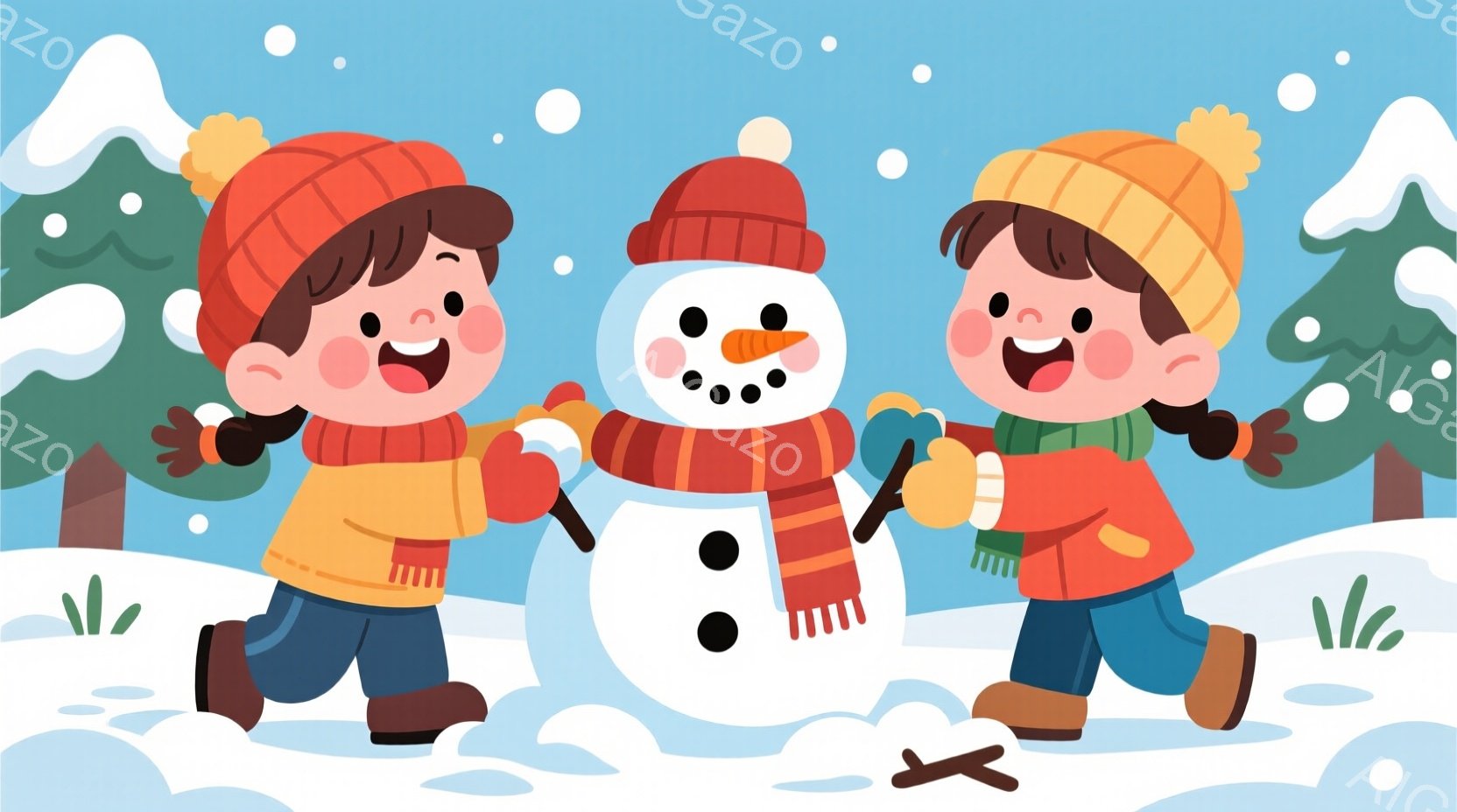 雪景色の中で、赤い帽子とオレンジ色のジャケットを着た二人の子供たちが雪だるまを作っています。彼らは笑顔で、片手に雪だるまの腕を作り、もう片手で雪玉を握り、楽しそうに遊んでいます。背景には緑の木々と雪が舞い、冬の暖かく楽しい雰囲気が漂っています。