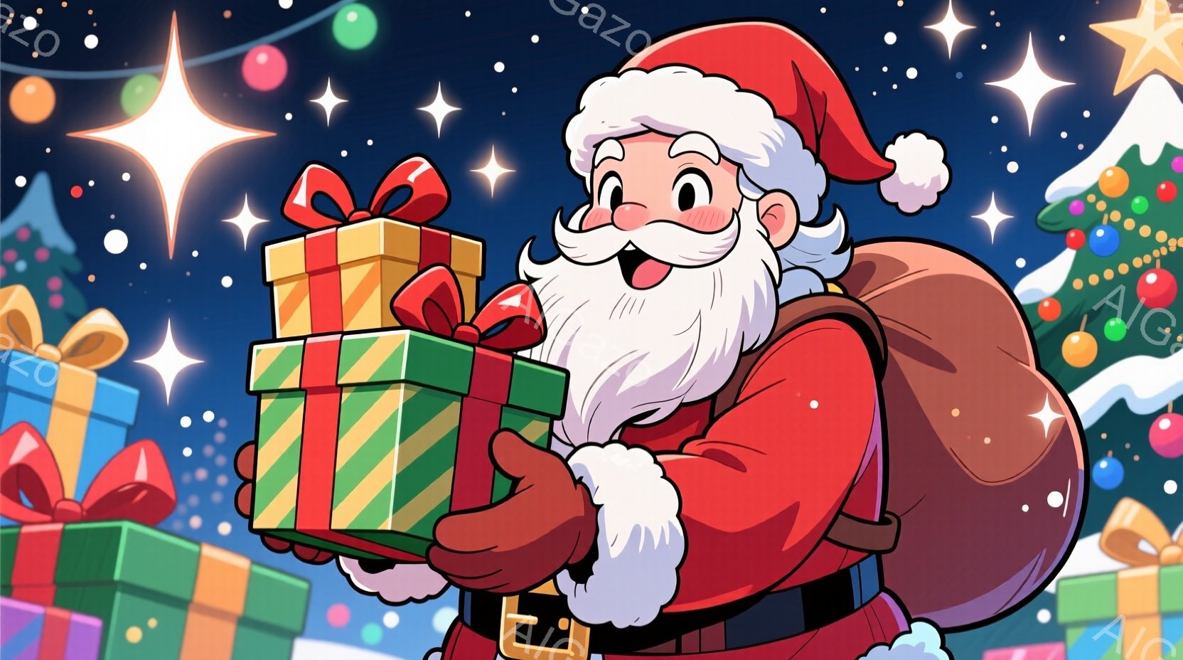サンタクロースは赤い帽子と衣装を身につけ、白い髭を蓄えています。彼はプレゼントの箱を両手で抱え、笑顔で嬉しそうに見えます。背景には、色とりどりのプレゼントの山と、きらめく星空が広がり、暖かく楽しいクリ - AI生成フリー素材