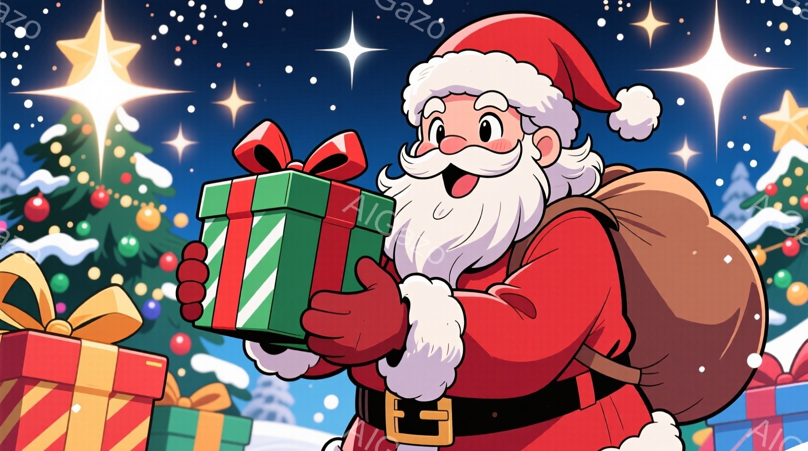 サンタクロースが、緑色のリボンで飾られたプレゼントを両手で抱えています。彼は赤い帽子と服を着ており、白いひげと口髭が特徴的で、笑顔でとても幸せそうです。背景には雪景色とクリスマスツリー、他のプレゼント - AI生成フリー素材