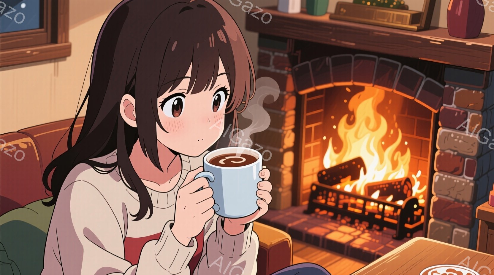 明るい茶髪の女性が、暖炉の前で湯気の立つマグカップを両手で抱えています。彼女は赤いインナーに白いセーターを着ており、少し頬を赤らめて穏やかな表情をしています。背景にはレンガ造りの暖炉と木製のテーブルがあり、リラックスした温かい雰囲気を醸し出しています。