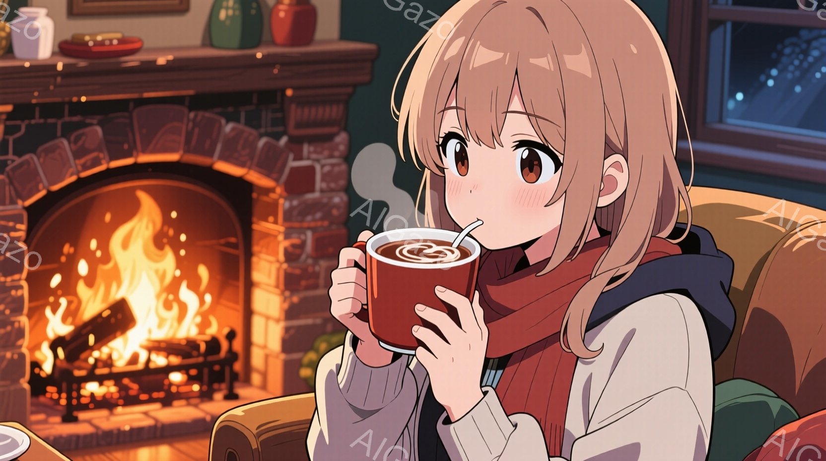 明るい茶色の髪を肩まで伸ばした少女が、暖炉の前にあるソファに座って温かい飲み物を両手で抱えています。彼女は白いセーターと赤いマフラーを着ており、頬を赤らめ、幸福そうな表情を浮かべています。背景には暖炉 - AI生成フリー素材
