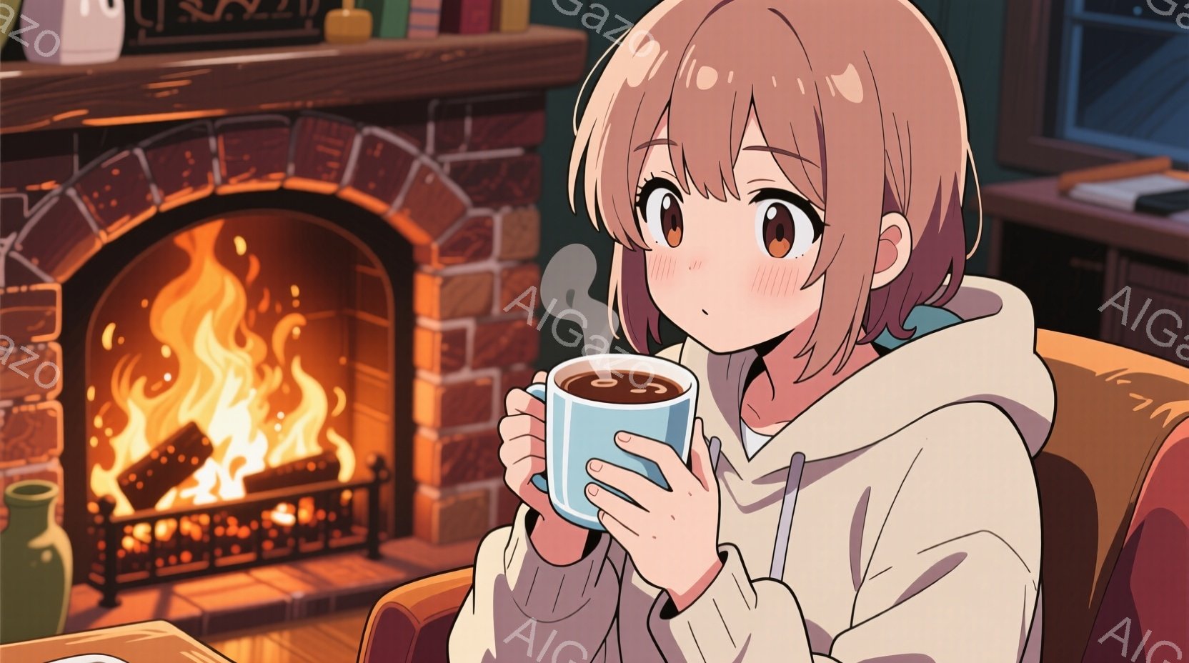 少女は暖炉の前に座り、湯気の立つマグカップを両手で抱えています。彼女はピンクがかった茶色の短い髪で、優しい笑顔を見せ、リラックスした様子です。背景にはレンガ造りの暖炉と、本棚や机が置かれた居心地の良い - AI生成フリー素材